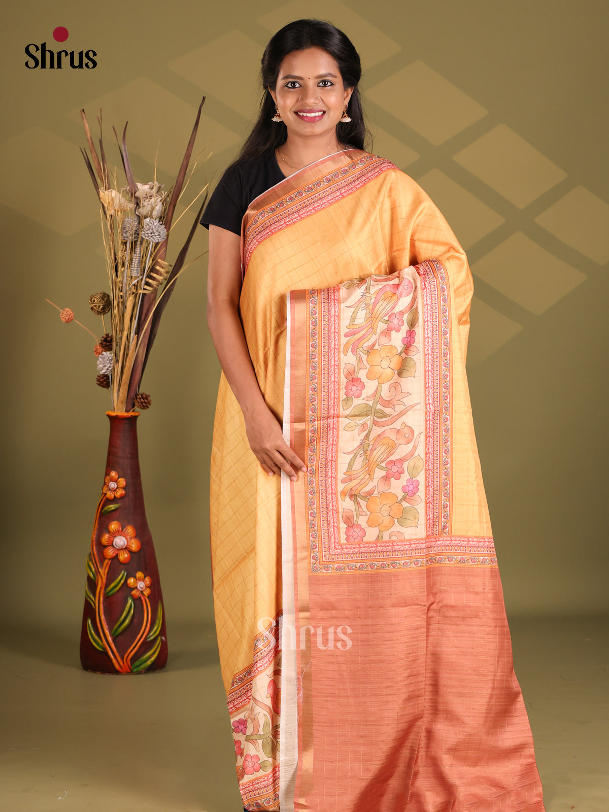 Peach & Brown- Champa semitussar Saree - Shop on Shrus.com