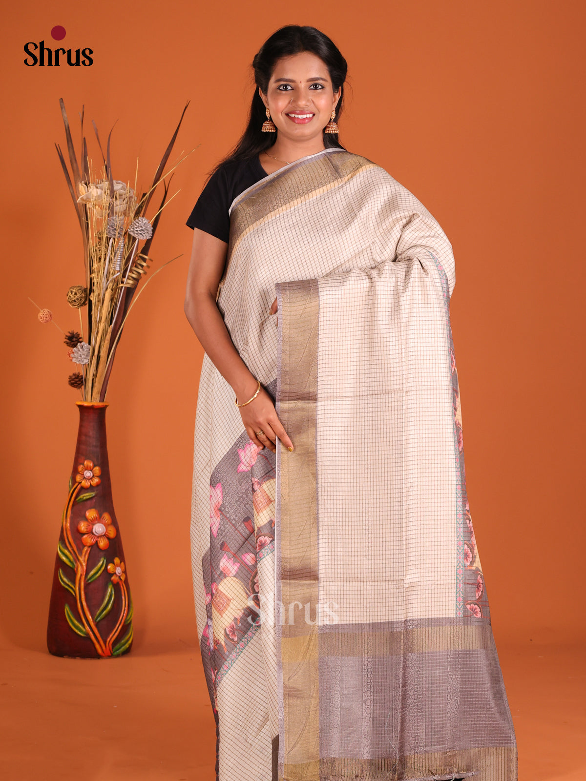 Cream & Grey- Champa semitussar Saree