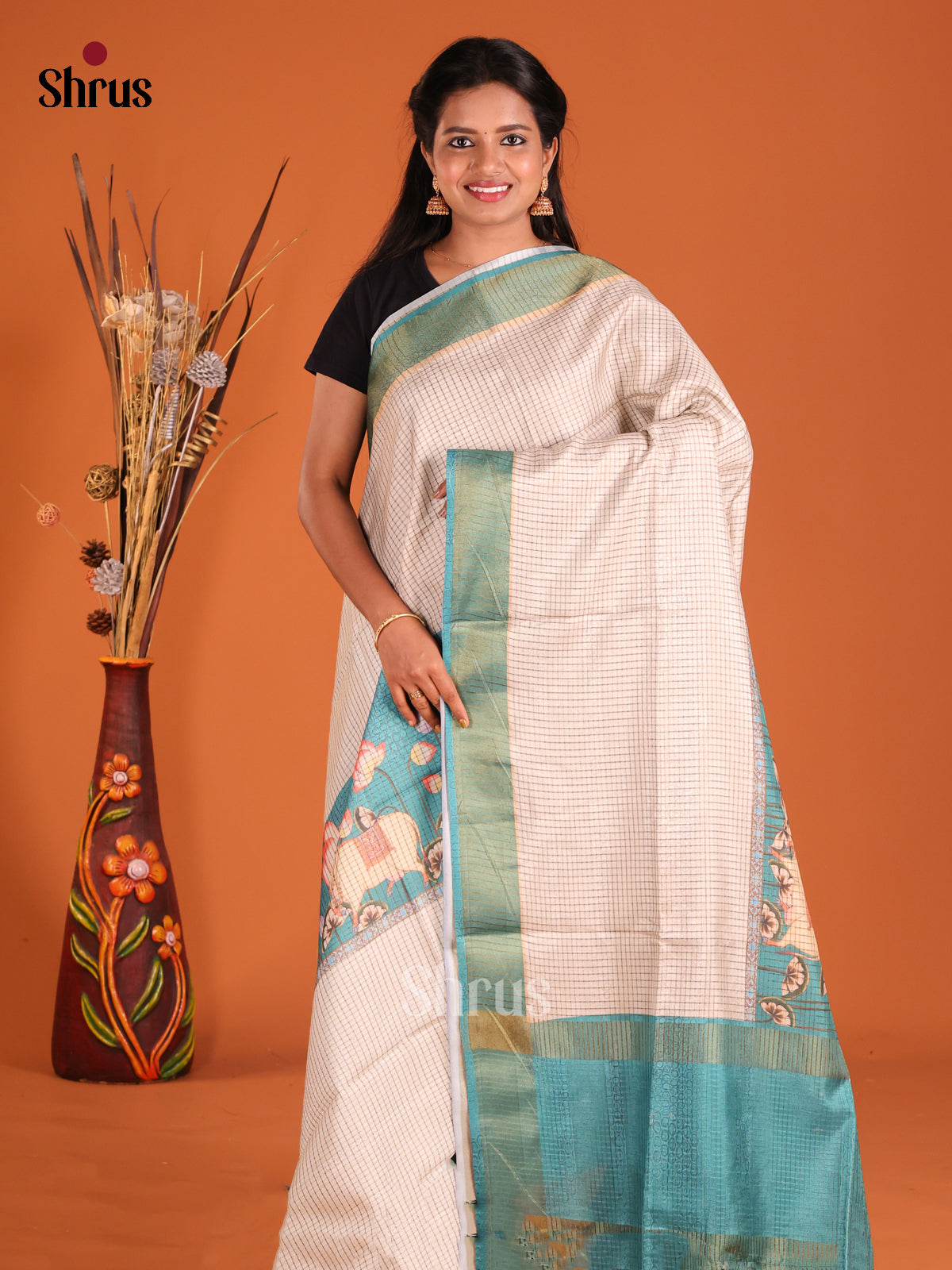Cream & Blue - Champa semitussar Saree