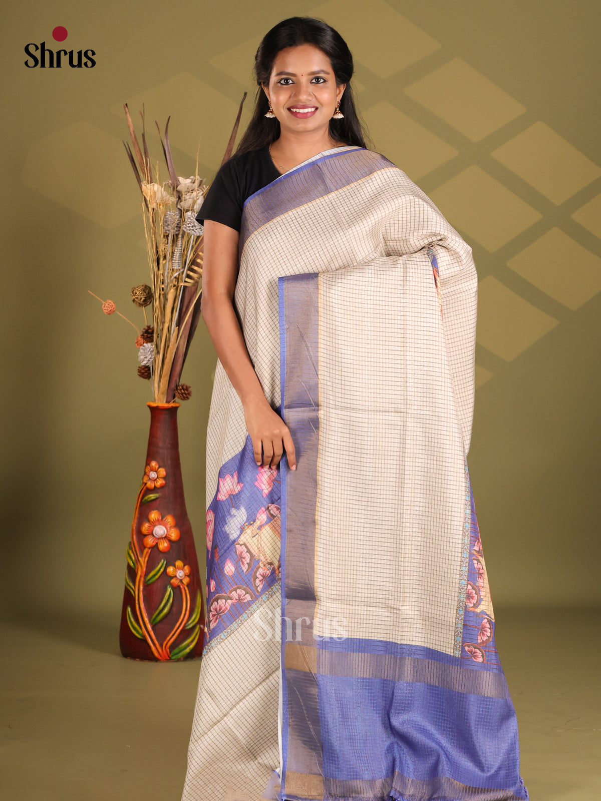 Cream & Blue - Champa semitussar Saree