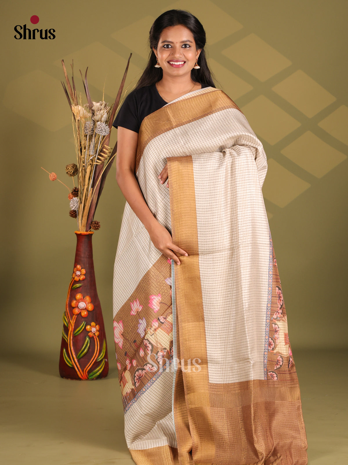Cream & Brown- Champa semitussar Saree