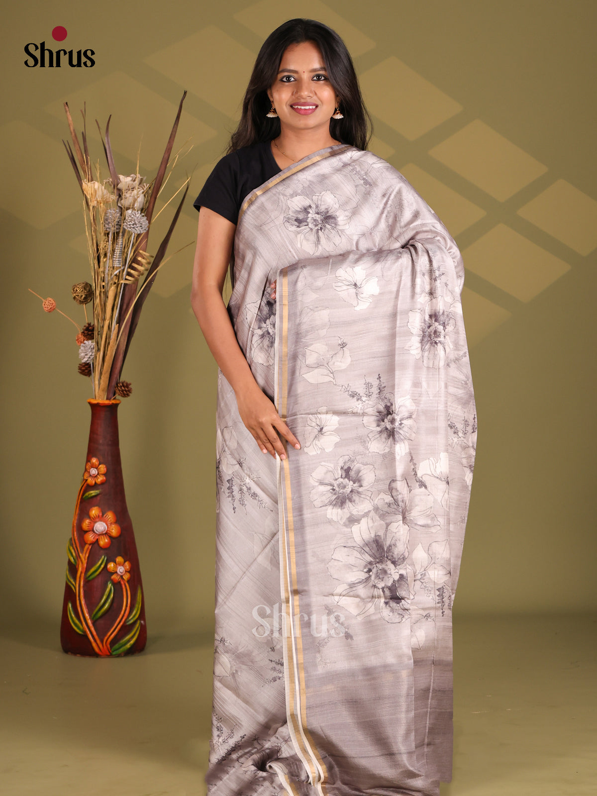 Grey - Champa semitussar Saree - Shop on Shrus.com