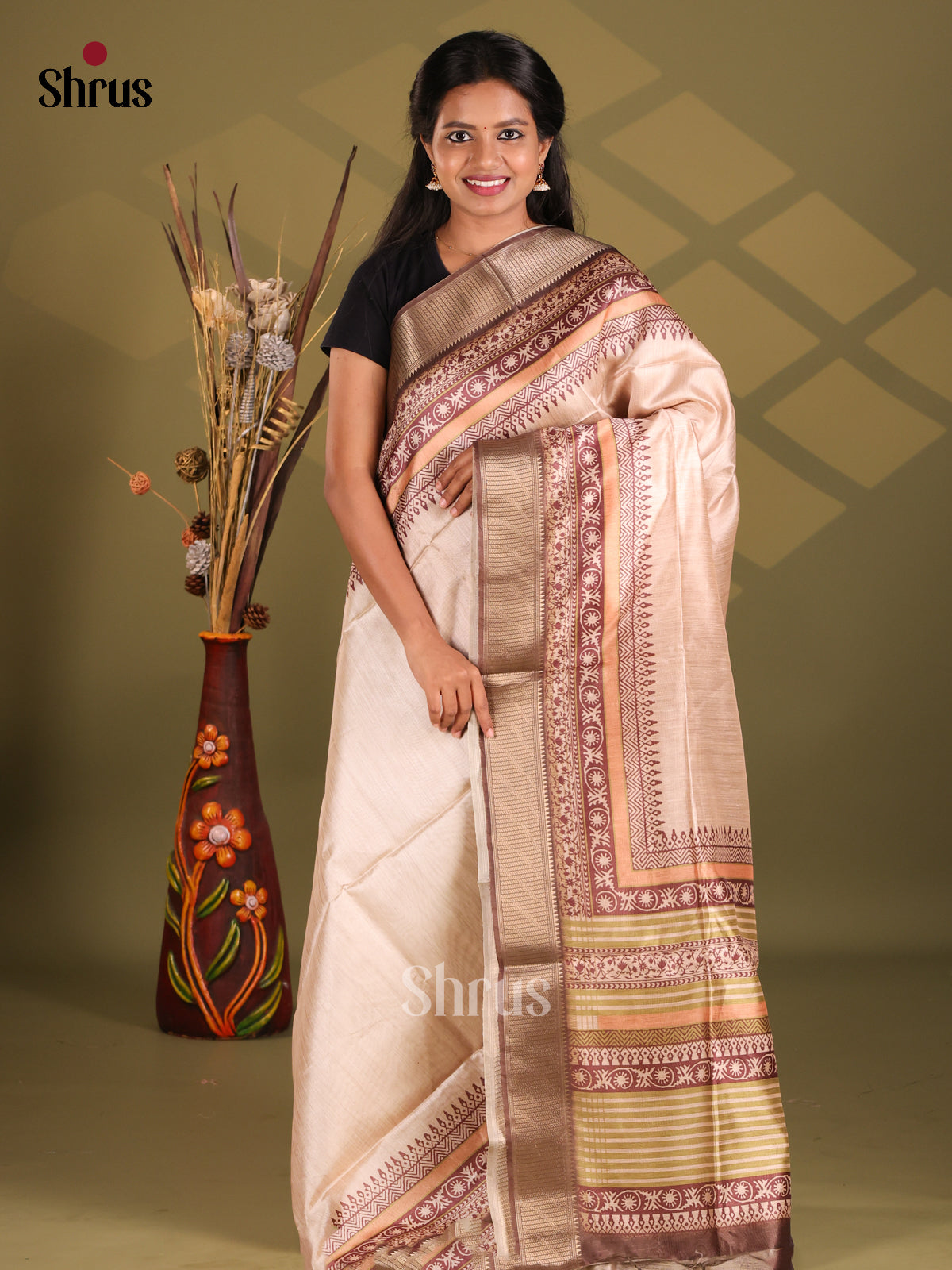 Cream & Brown- Champa semitussar Saree