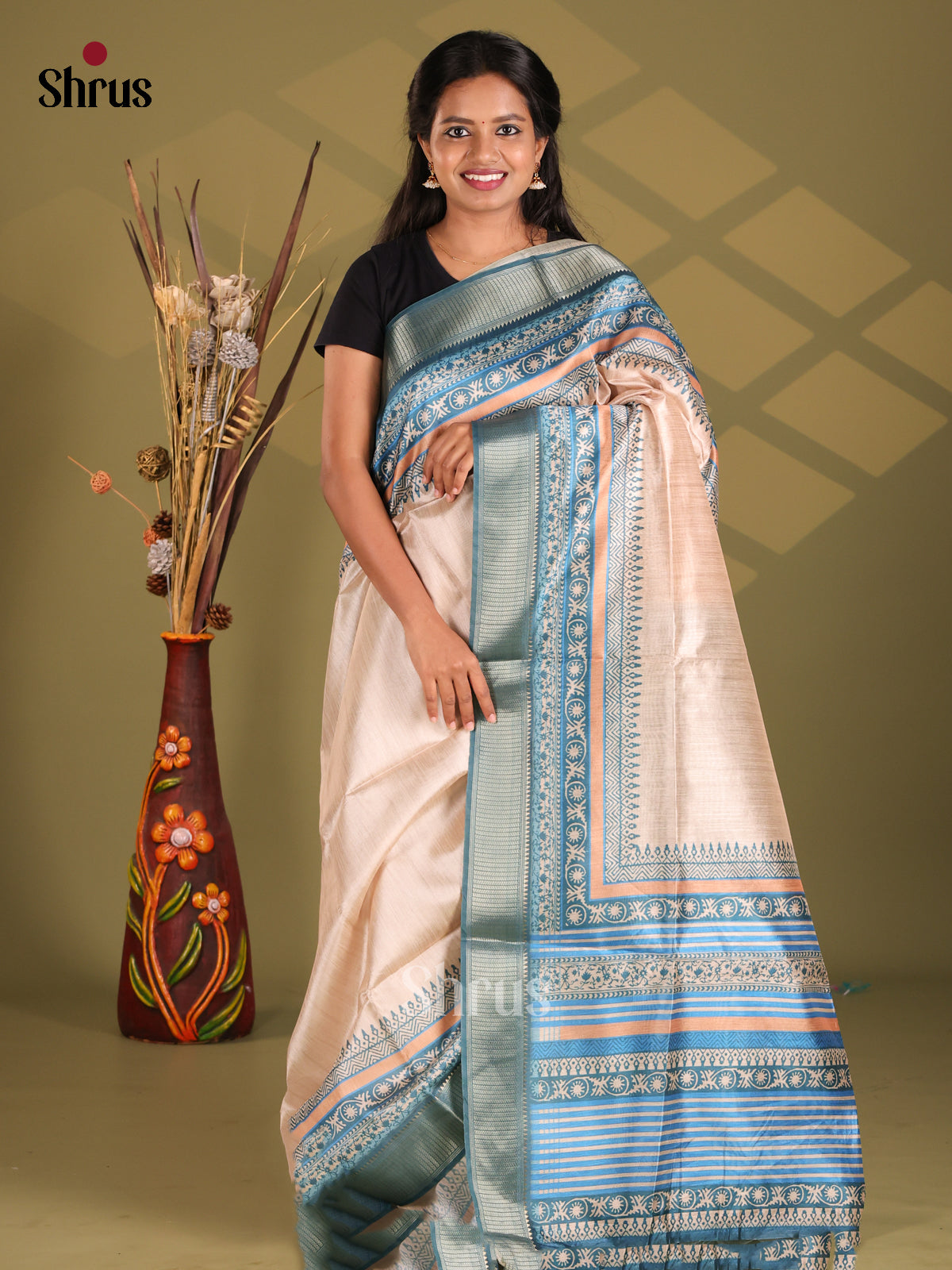 Cream & Blue - Champa semitussar Saree