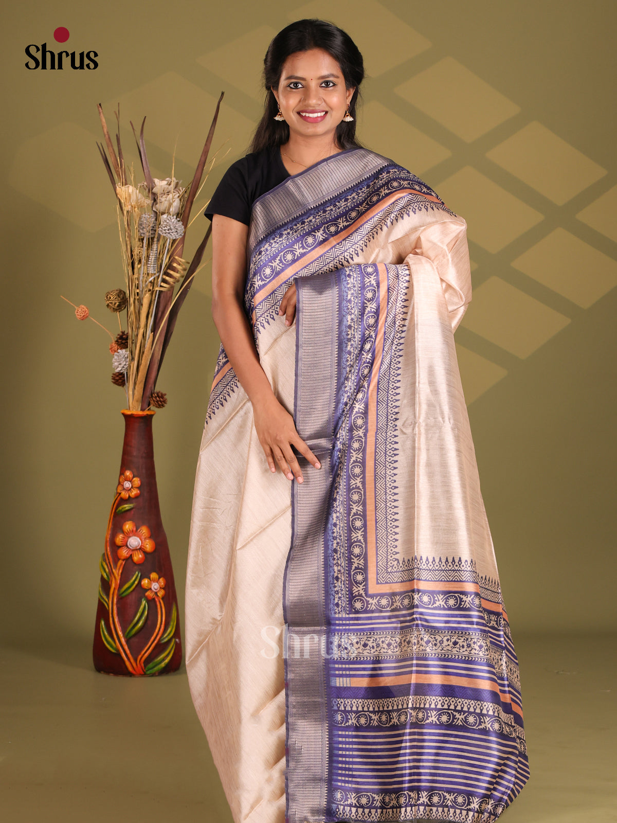 Cream & Blue - Champa semitussar Saree