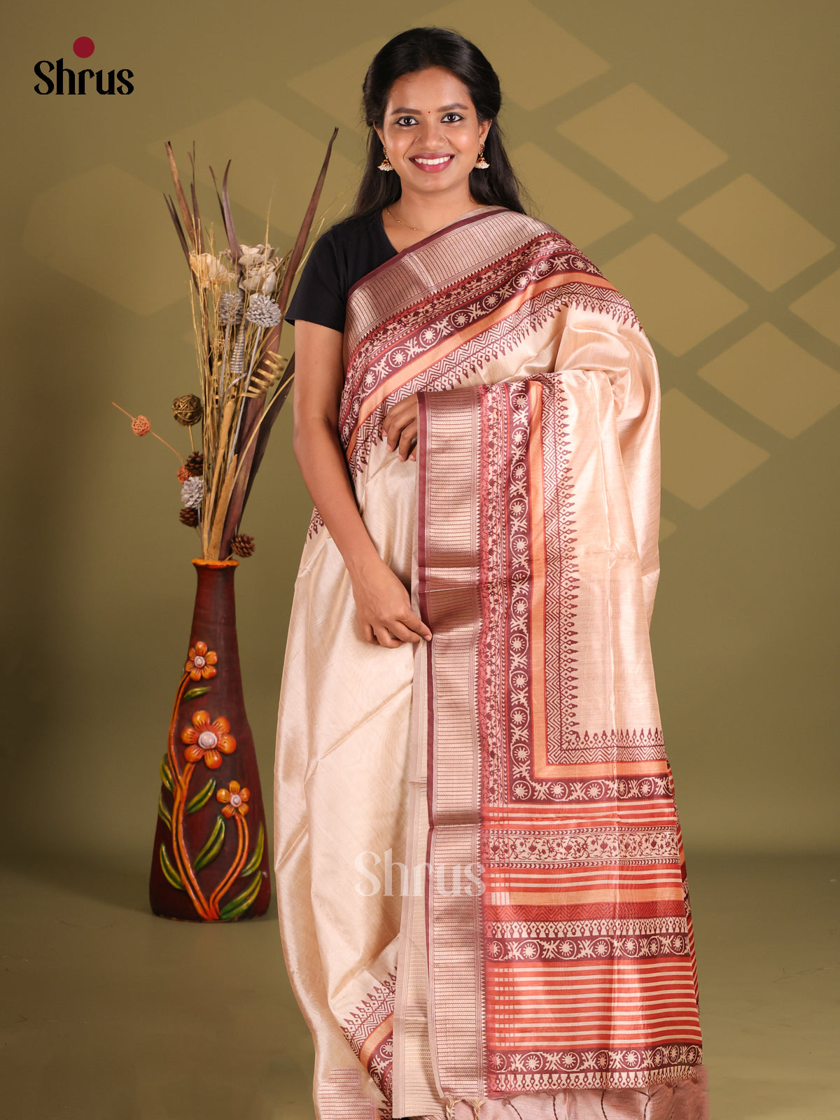 Cream & Arakku Maroon- Champa semitussar Saree