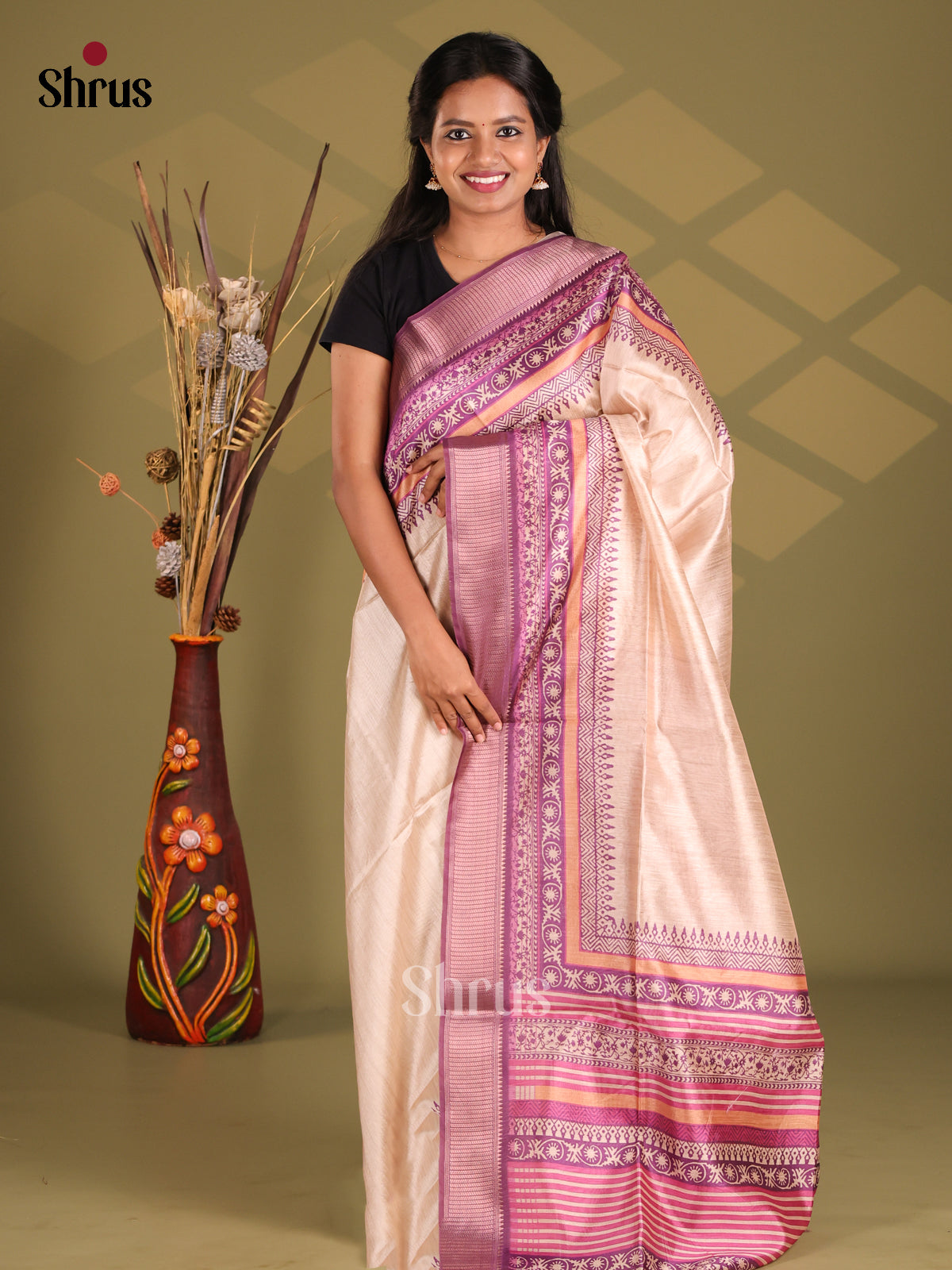Cream & Purple - Champa semitussar Saree - Shop on Shrus.com