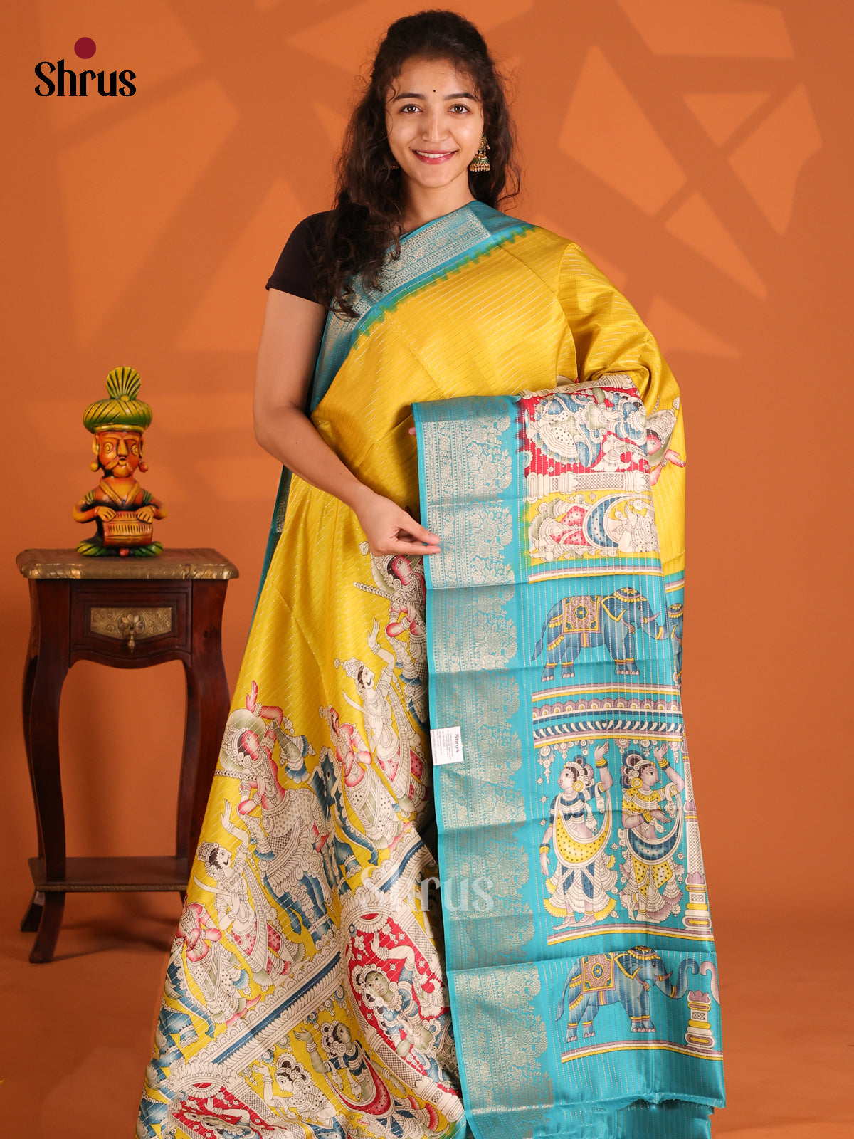 Yellow & Teal - Semi Tussar saree
