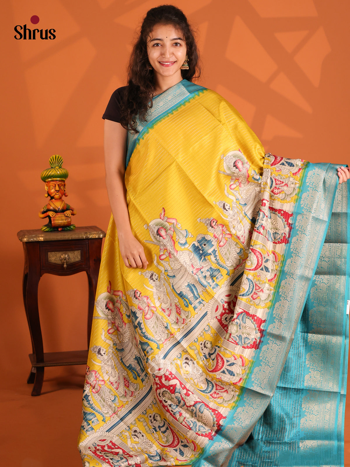 Yellow & Teal - Semi Tussar saree