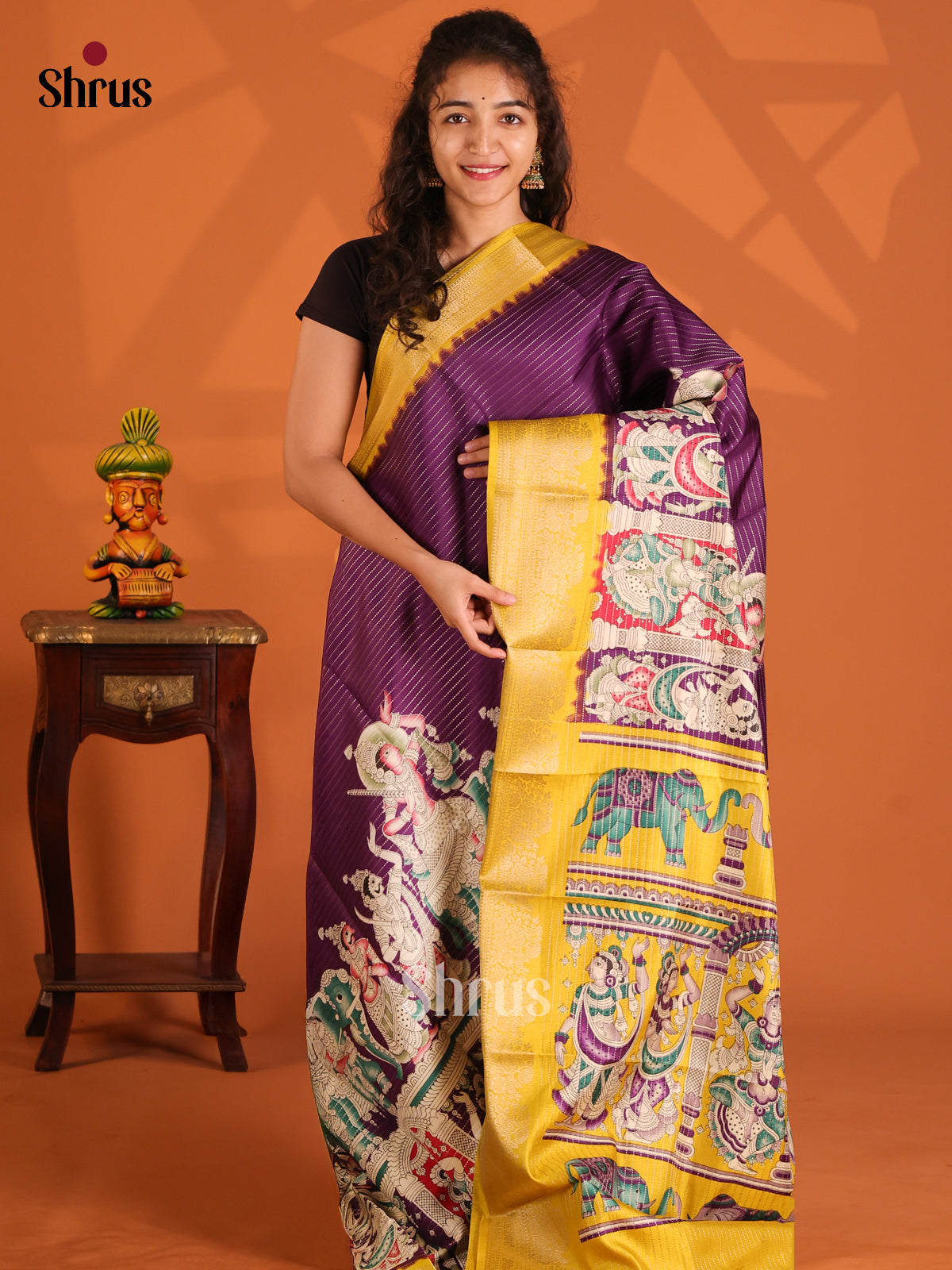 Violet & Yellow- Semi Tussar saree