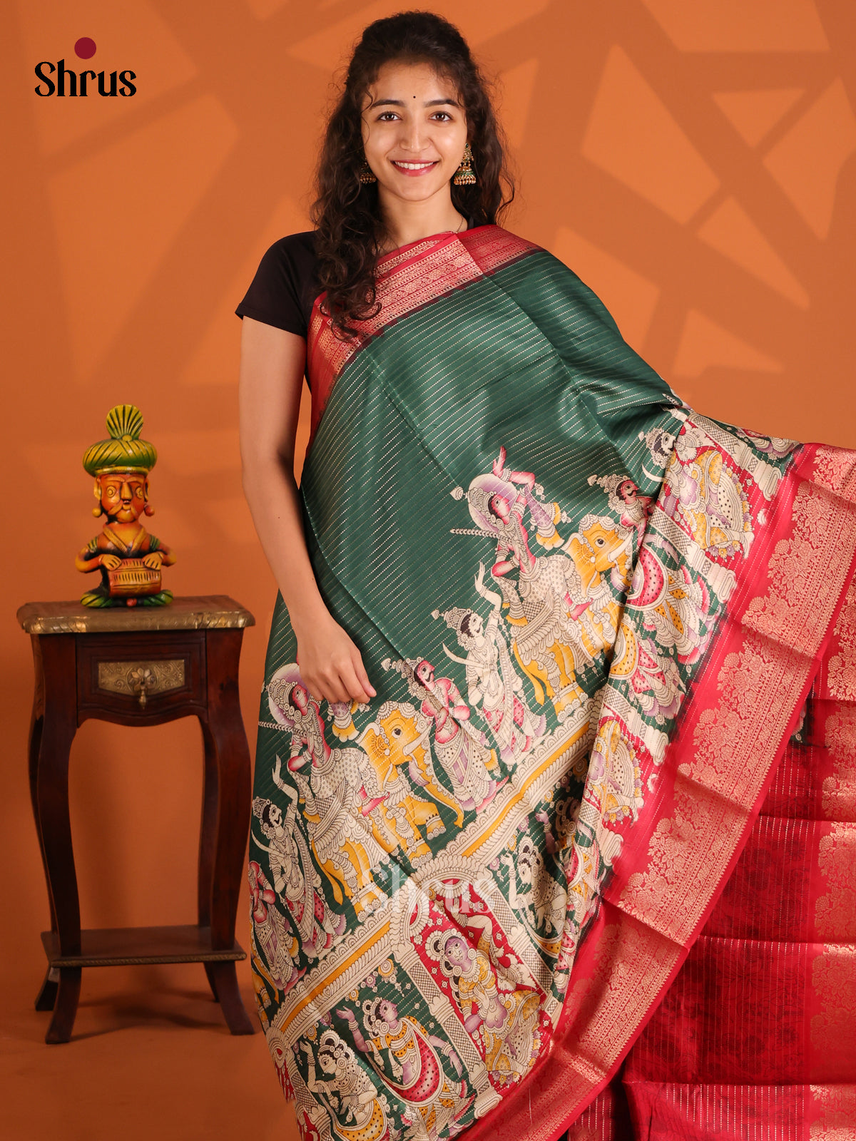 Green & Red - Semi Tussar saree