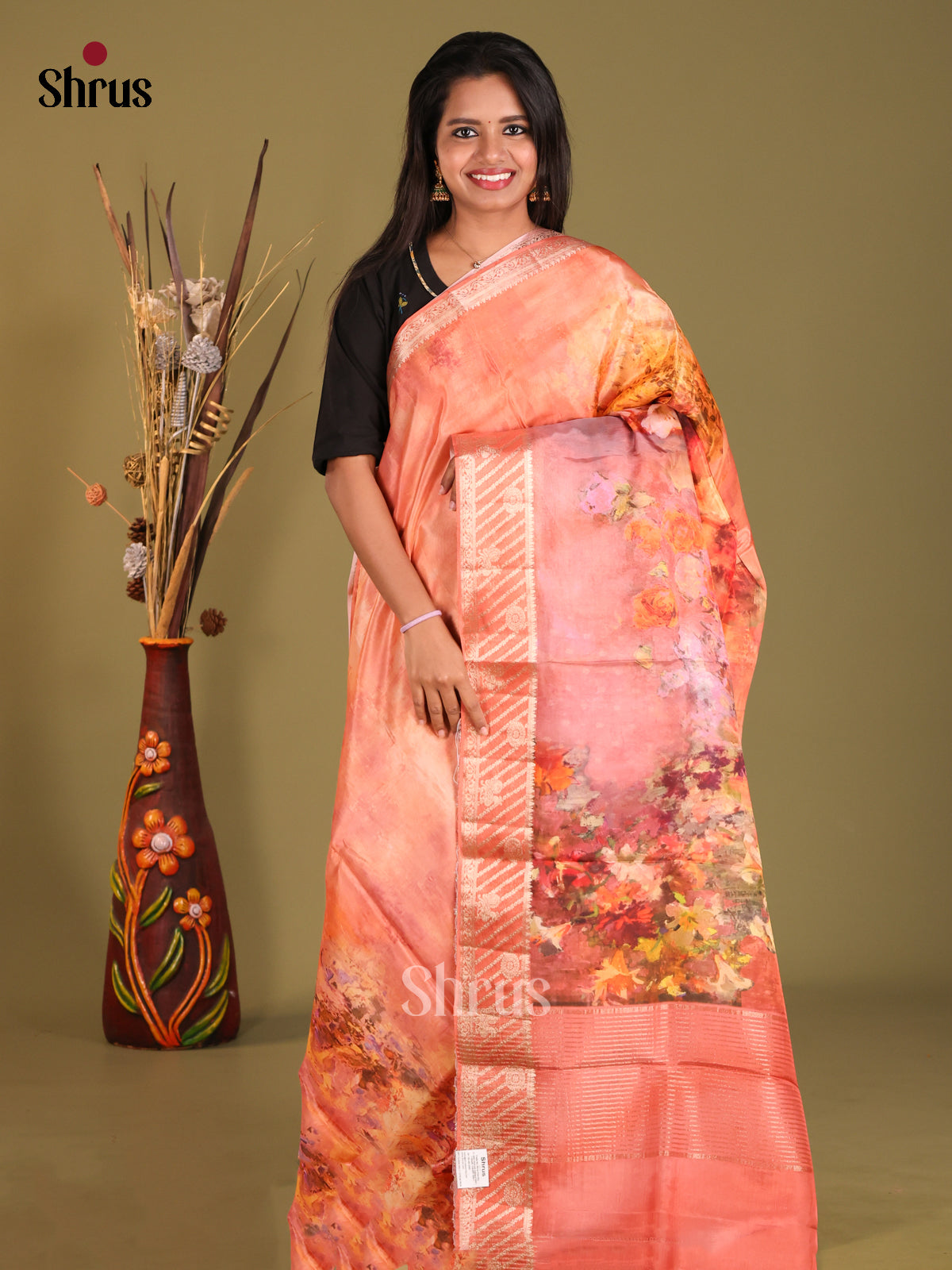Peach - Semi Organza Saree - Shop on Shrus.com