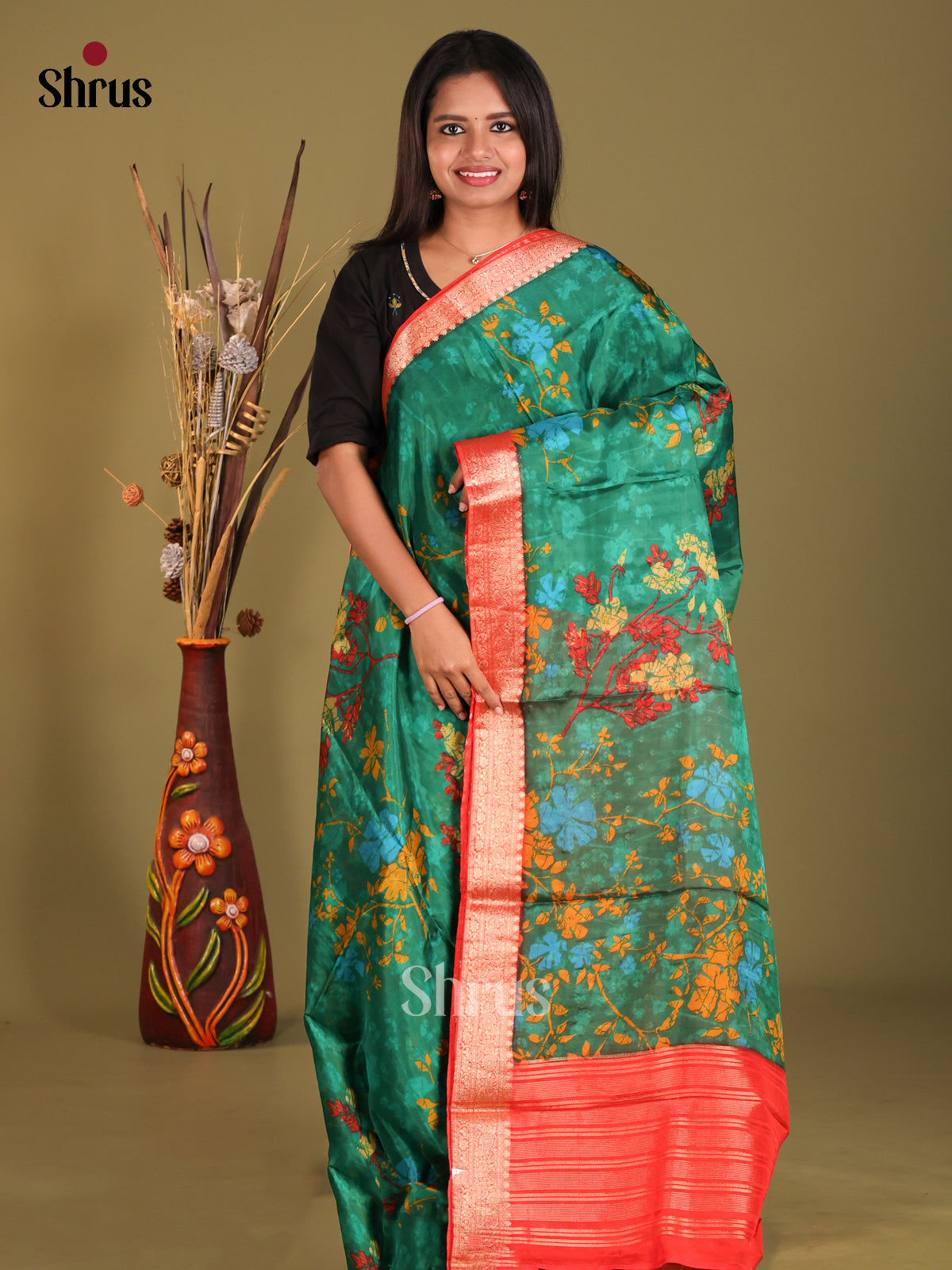 Green & Red - Semi Organza Saree - Shop on Shrus.com