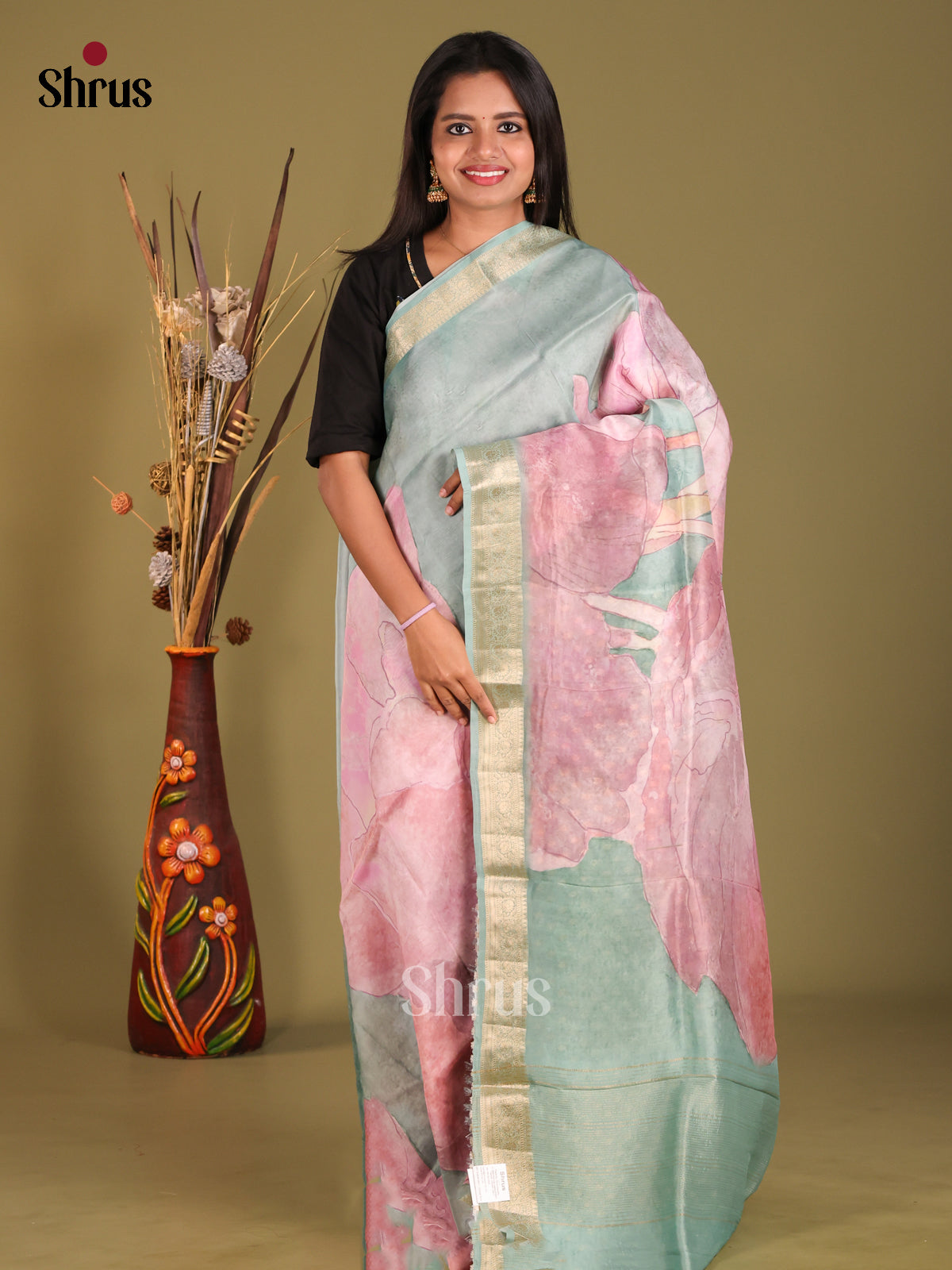 Pastel Blue & Pink - Semi Organza Saree - Shop on Shrus.com