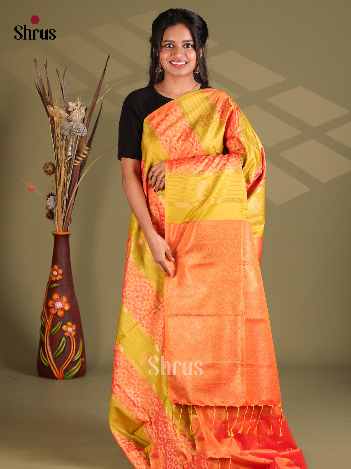 Green & Orange - Semi Soft Silk Saree