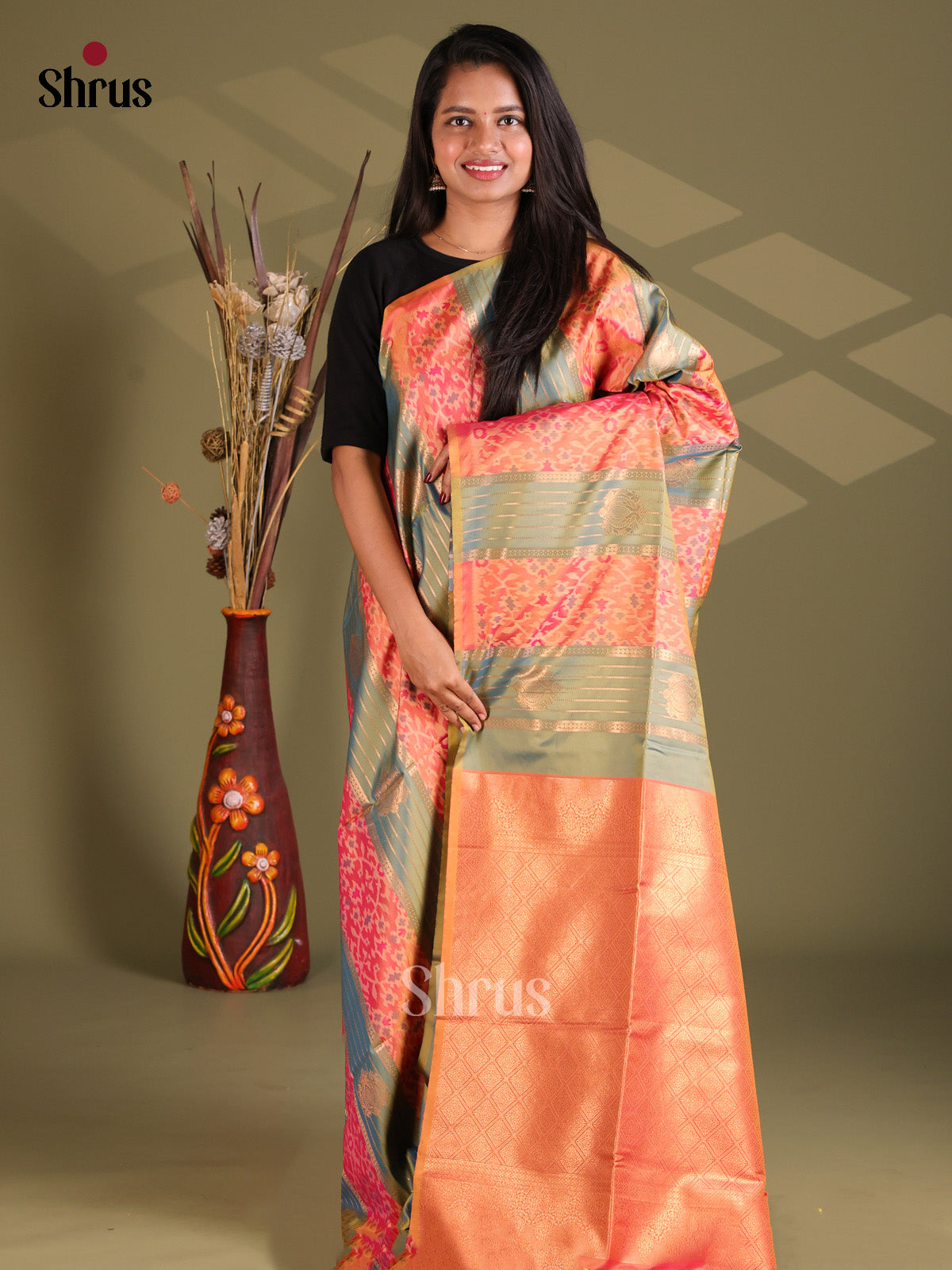 Green & Orangish Pink - Semi Soft Silk Saree