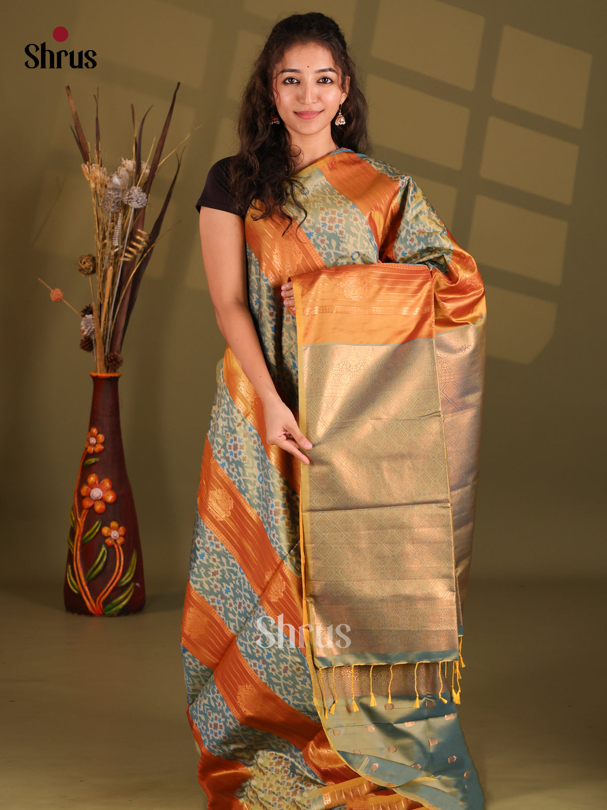 Rust & Double Shaded Blue - Semi Softsilk Saree - Shop on Shrus.com