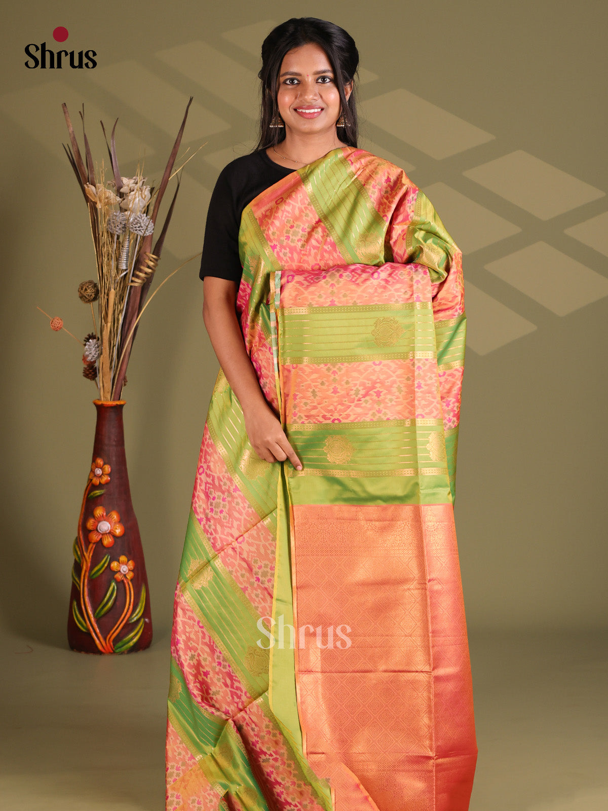 Green & Orange - Semi Soft silk Saree - Shop on Shrus.com