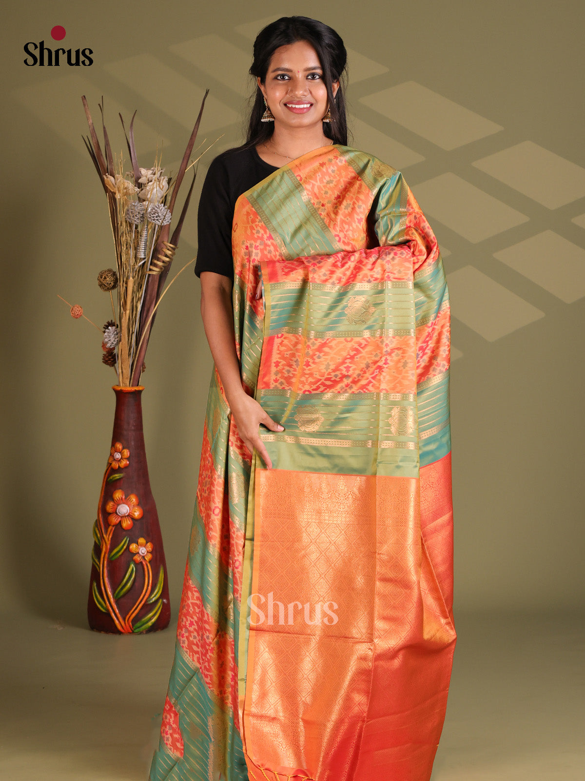 Green & Orange - Semi Soft Silk Saree - Shop on Shrus.com