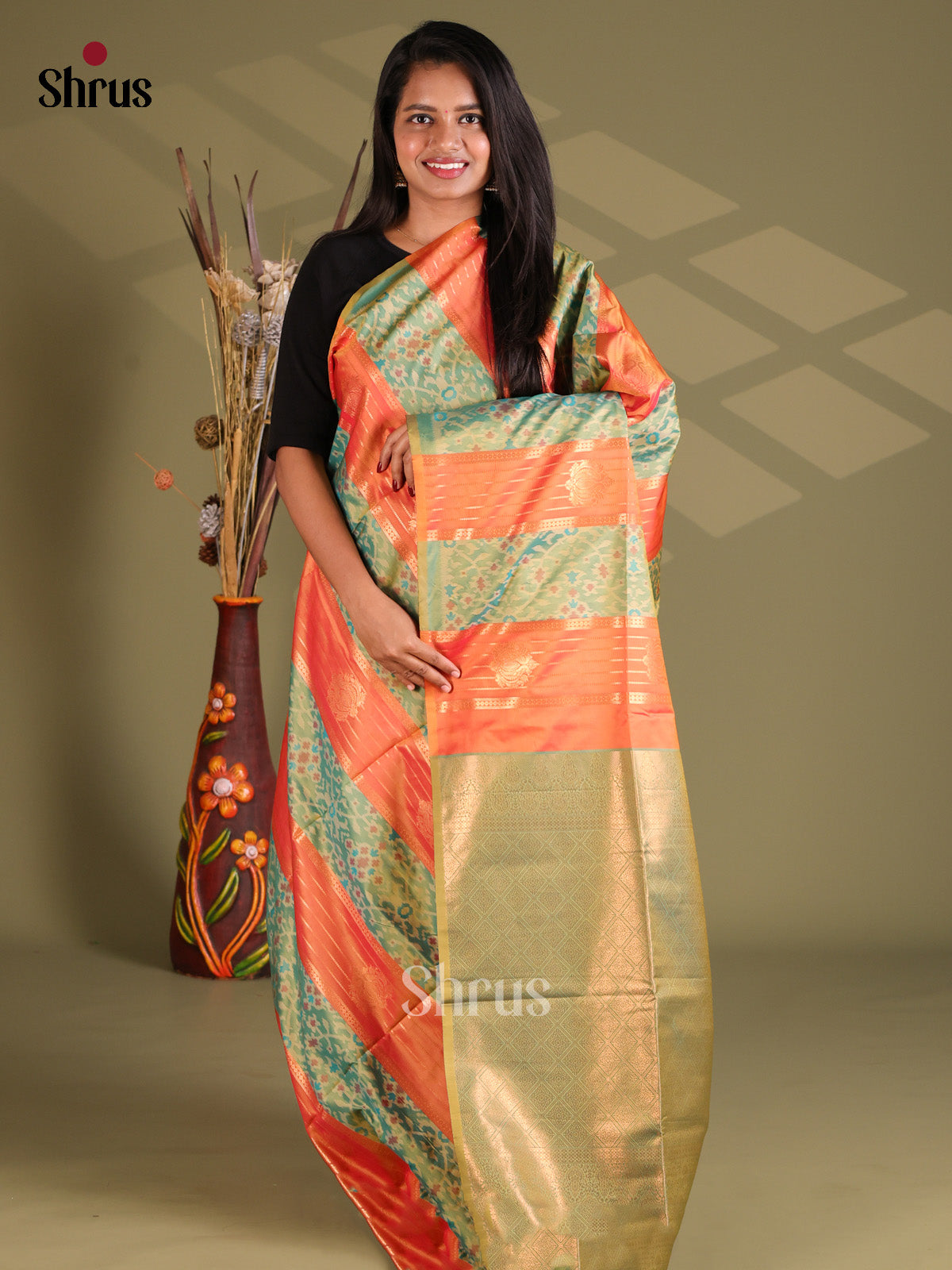 Orange & Green - Semi Soft Silk Saree