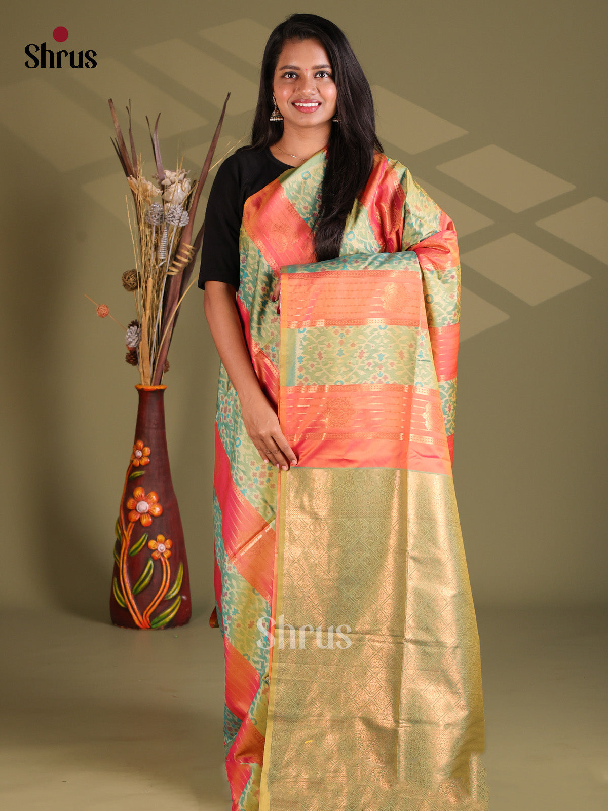 Orange & Green - Semi Soft Silk Saree