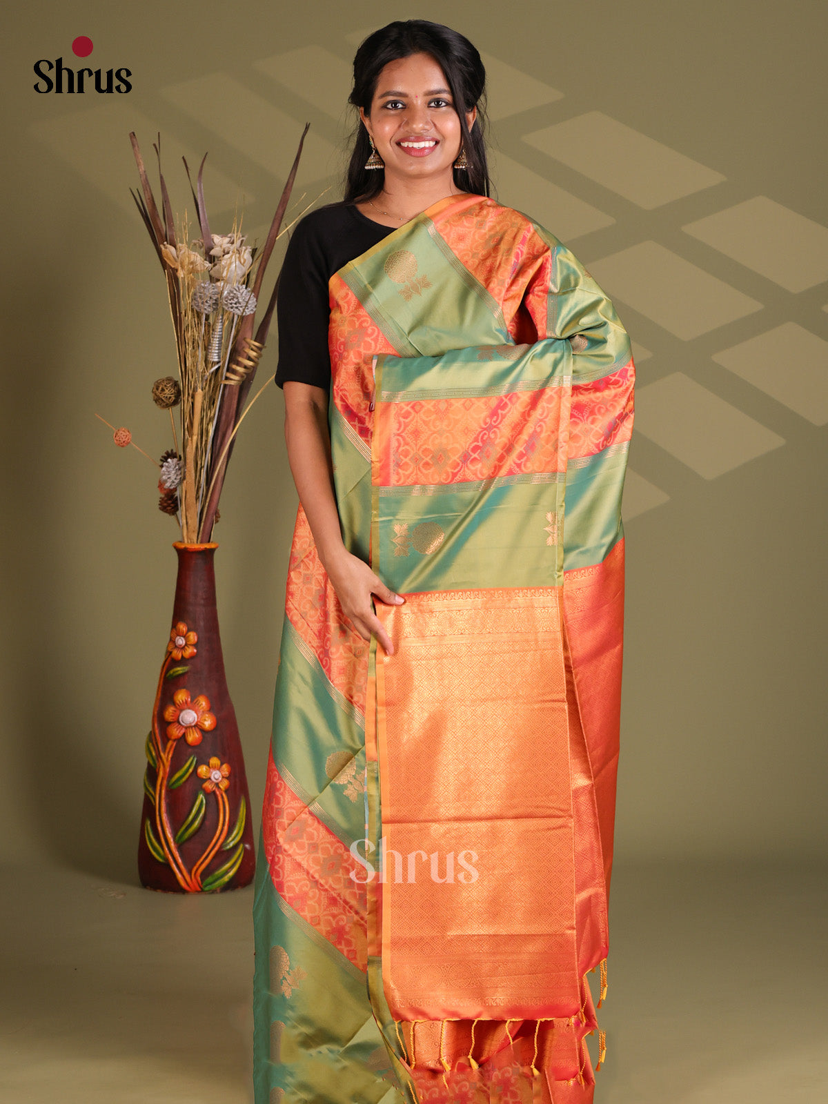 Orange & Green - Semi soft Silk Saree