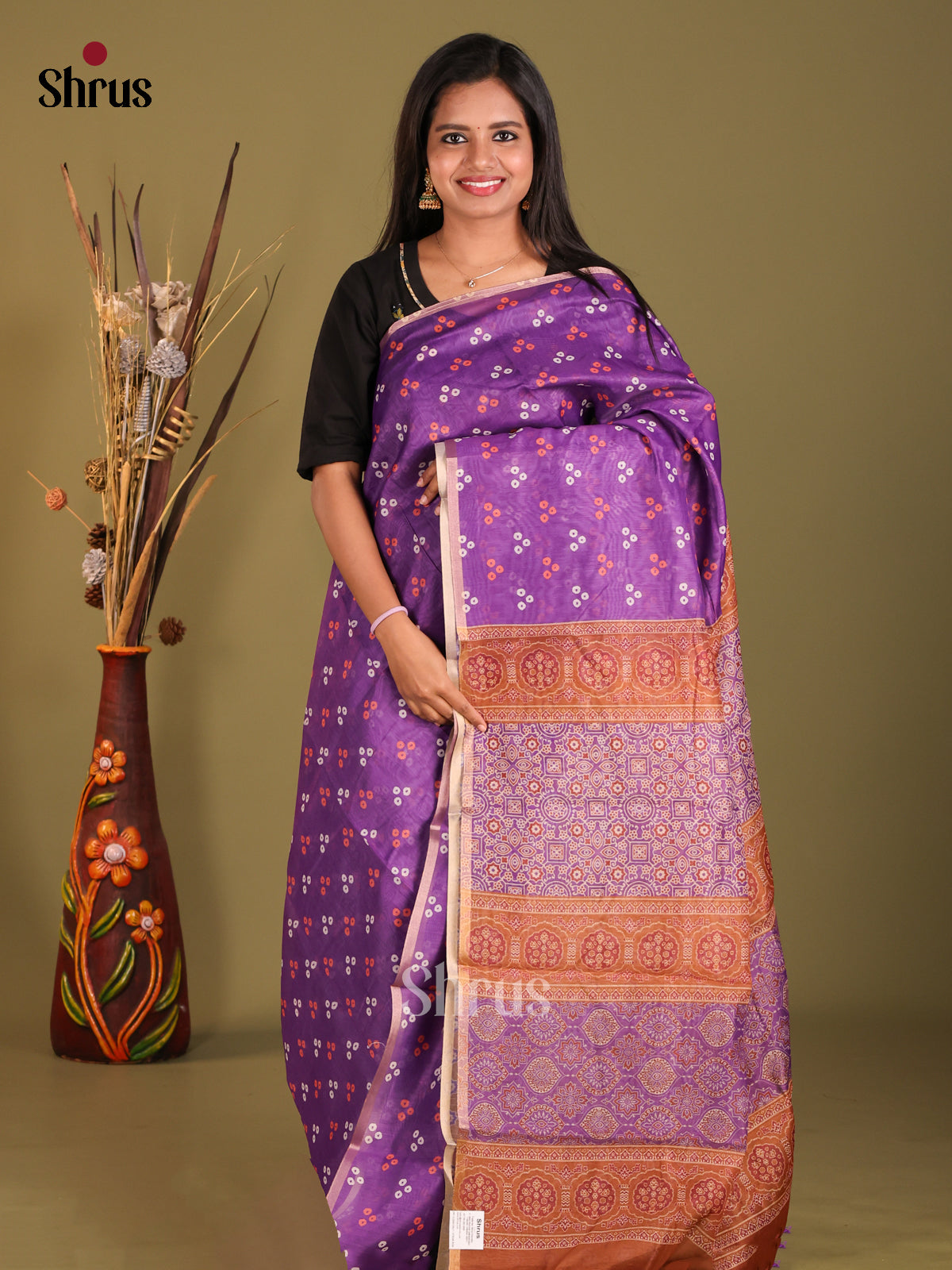 Purple & Brown - Semi Chanderi Saree - Shop on Shrus.com
