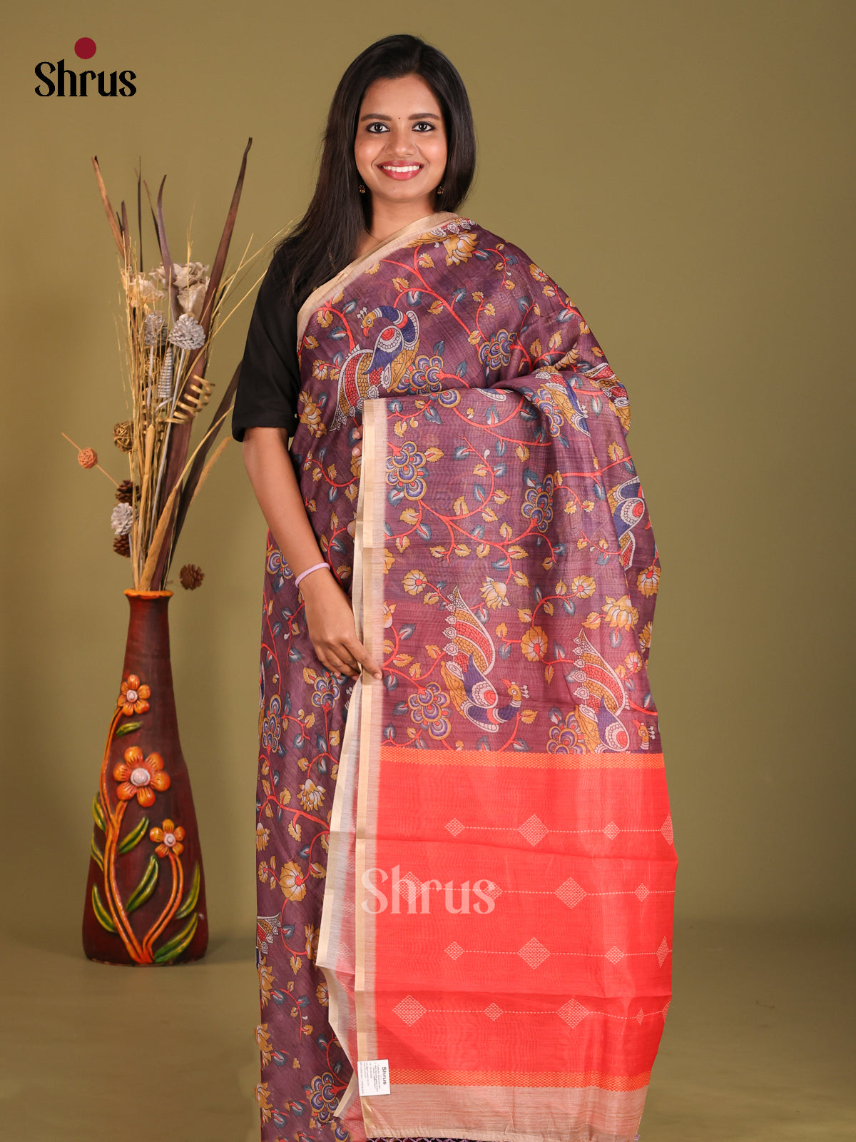 Brown & Red - Semi Chanderi Saree