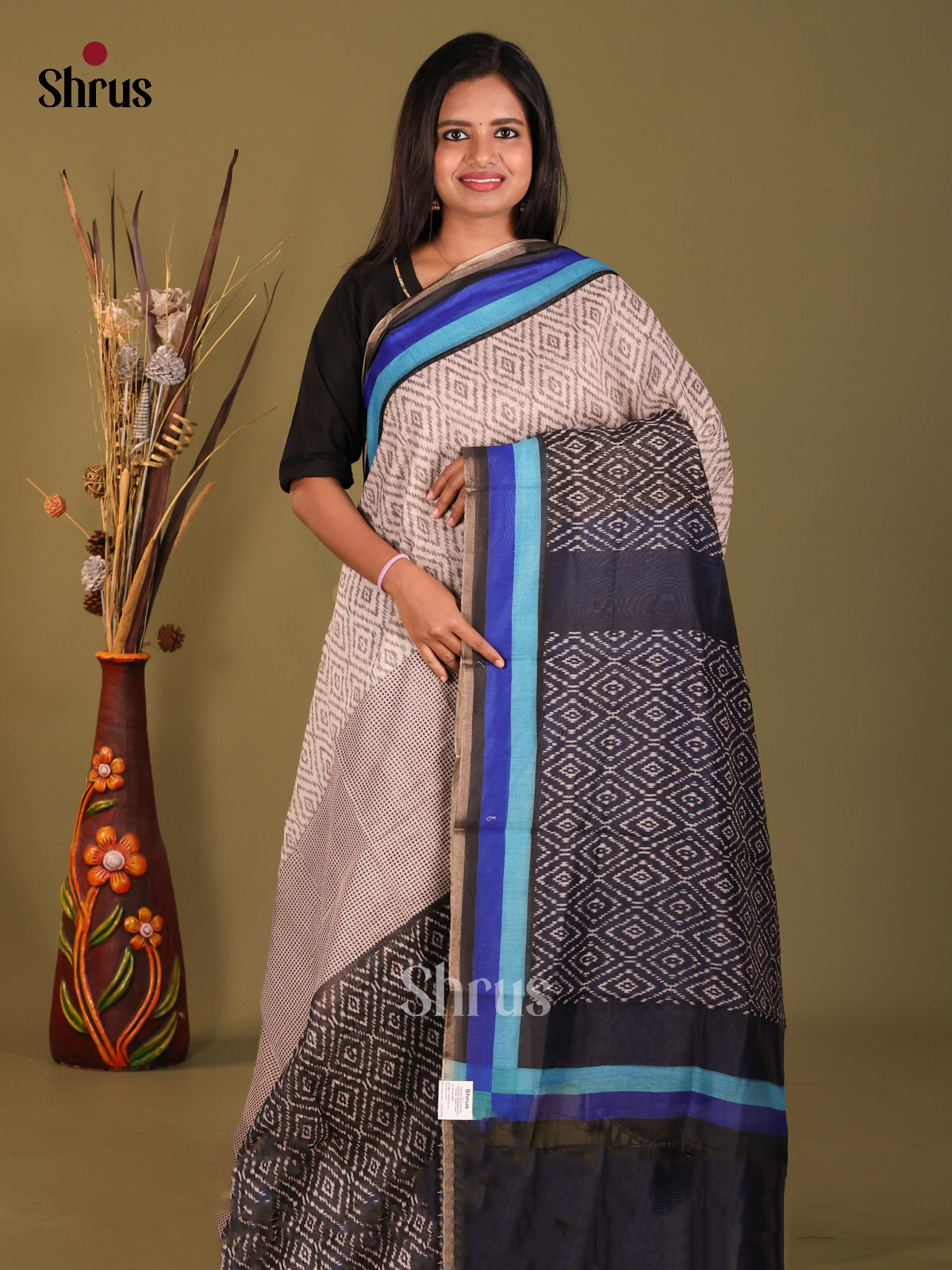 Cream & Blue - Semi Chanderi Saree