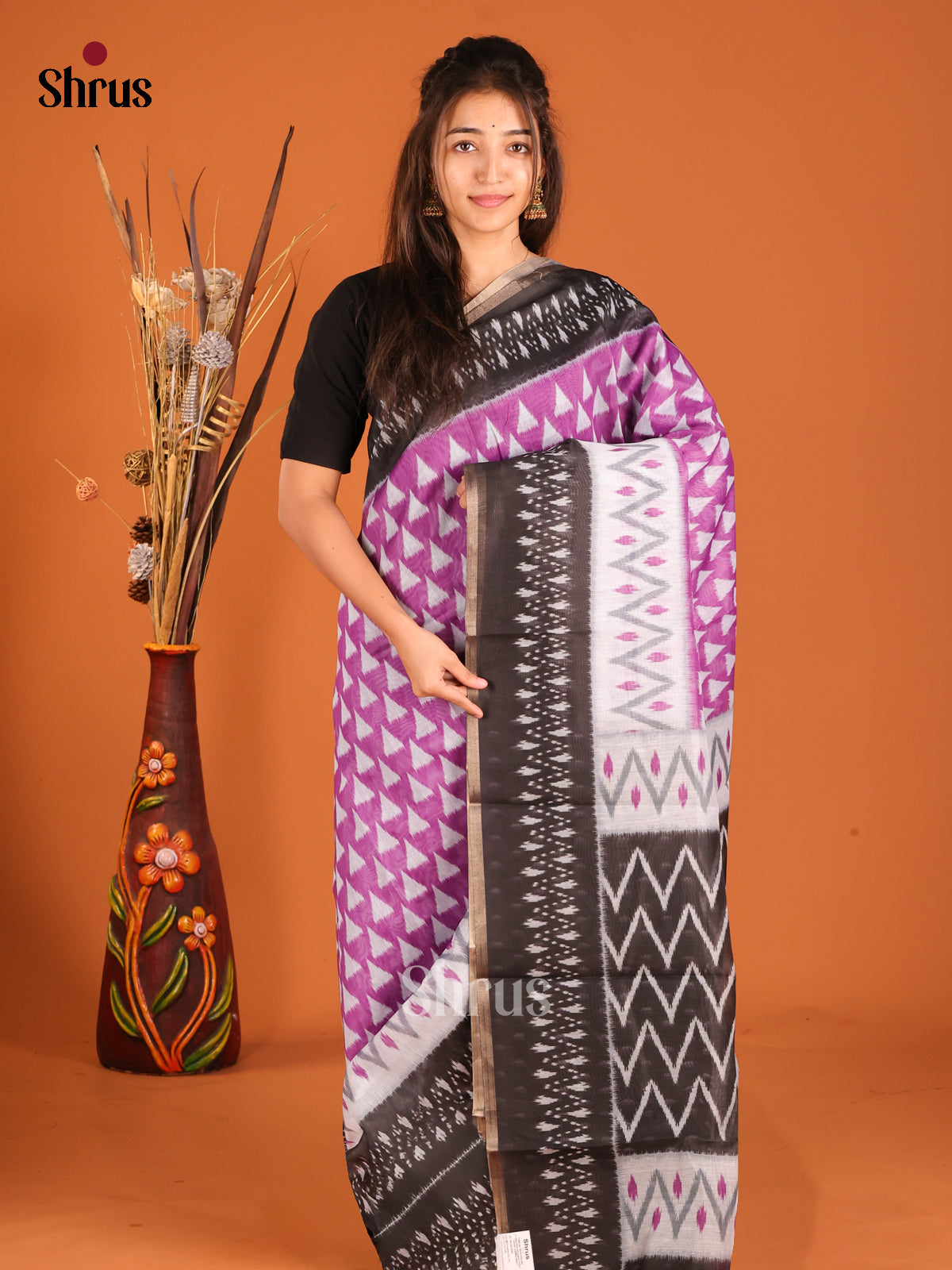Purple & Black - Semi Chanderi Saree - Shop on Shrus.com