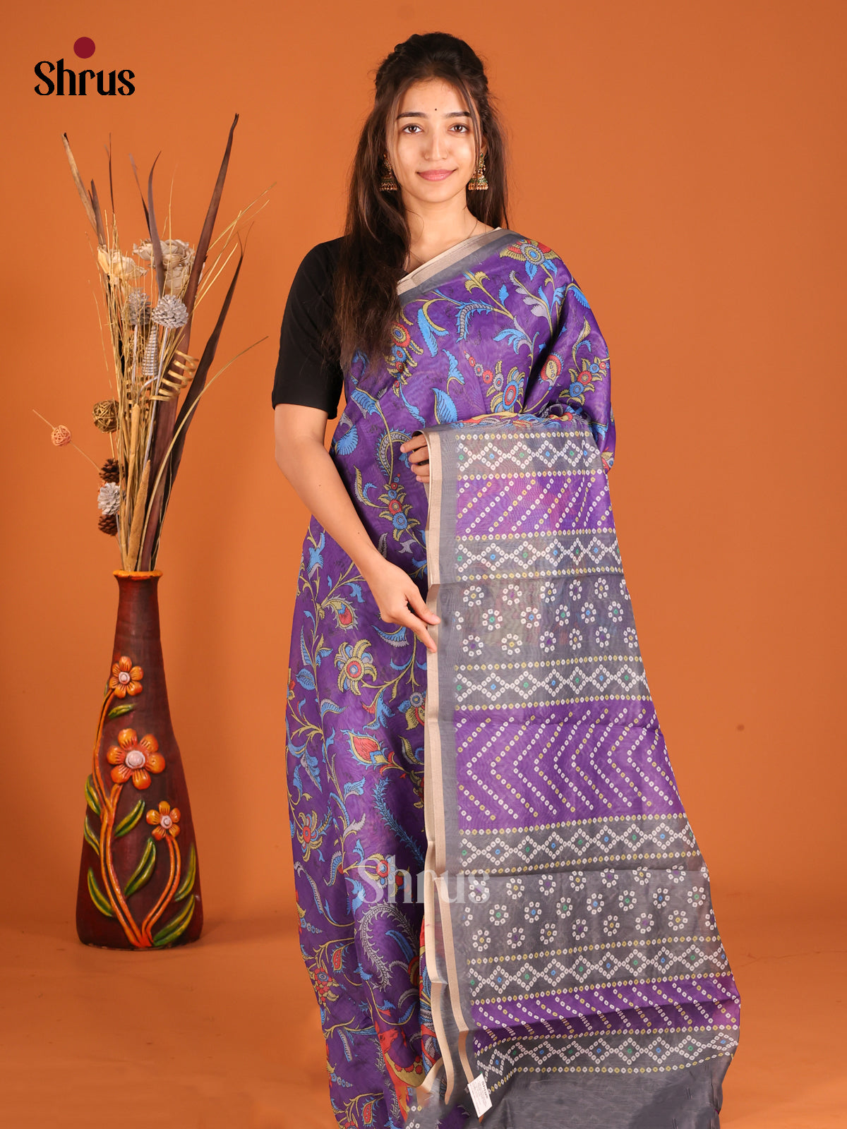 Purple & Grey - Semi Chanderi Saree - Shop on Shrus.com