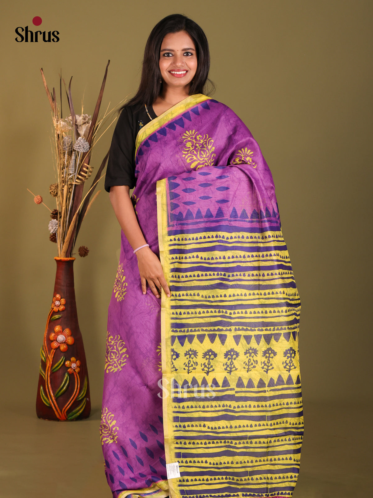 Purple & Yellow- Semi Chanderi Saree - Shop on Shrus.com