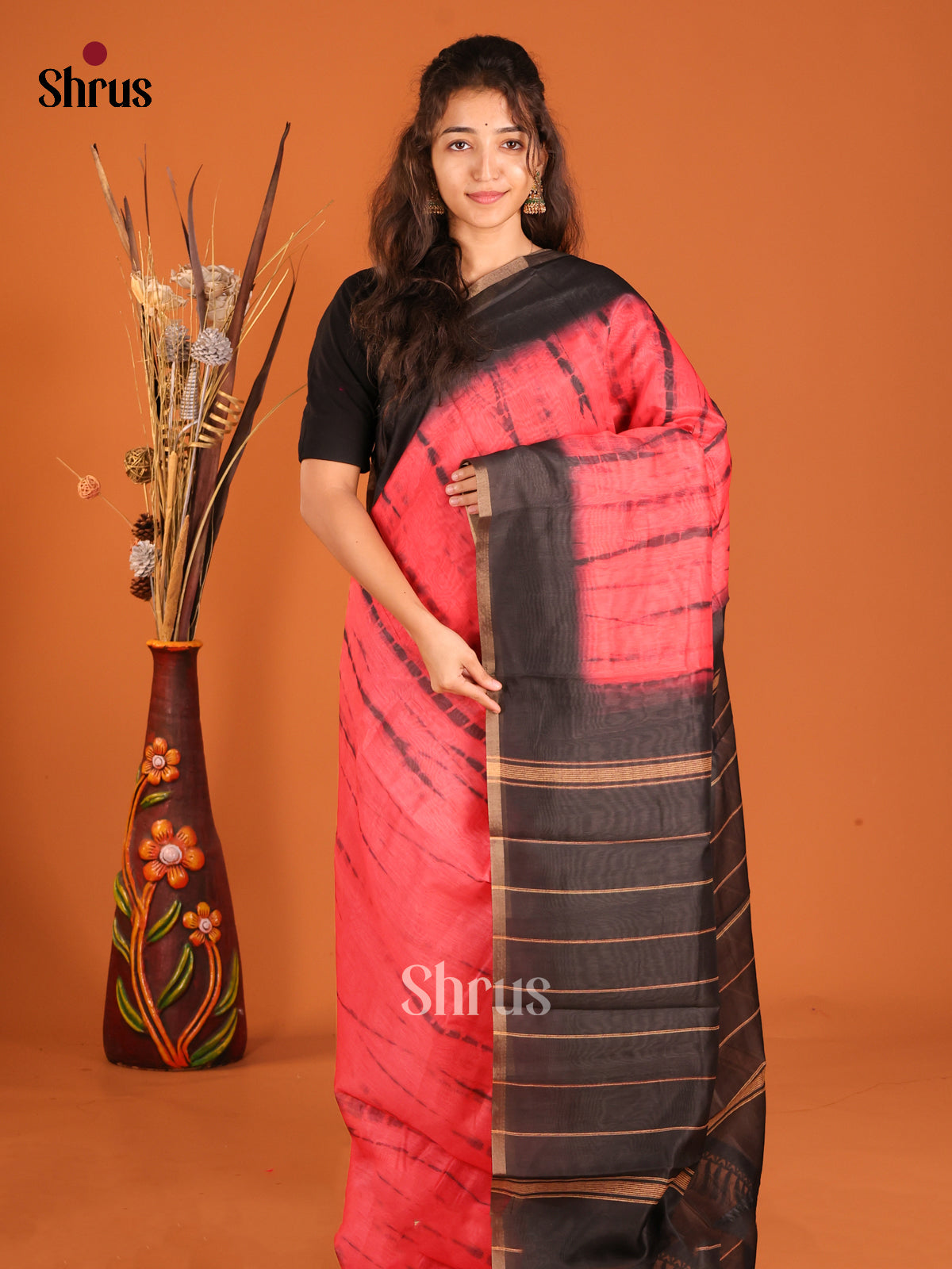 Pink & Black - Semi Chanderi Saree - Shop on Shrus.com