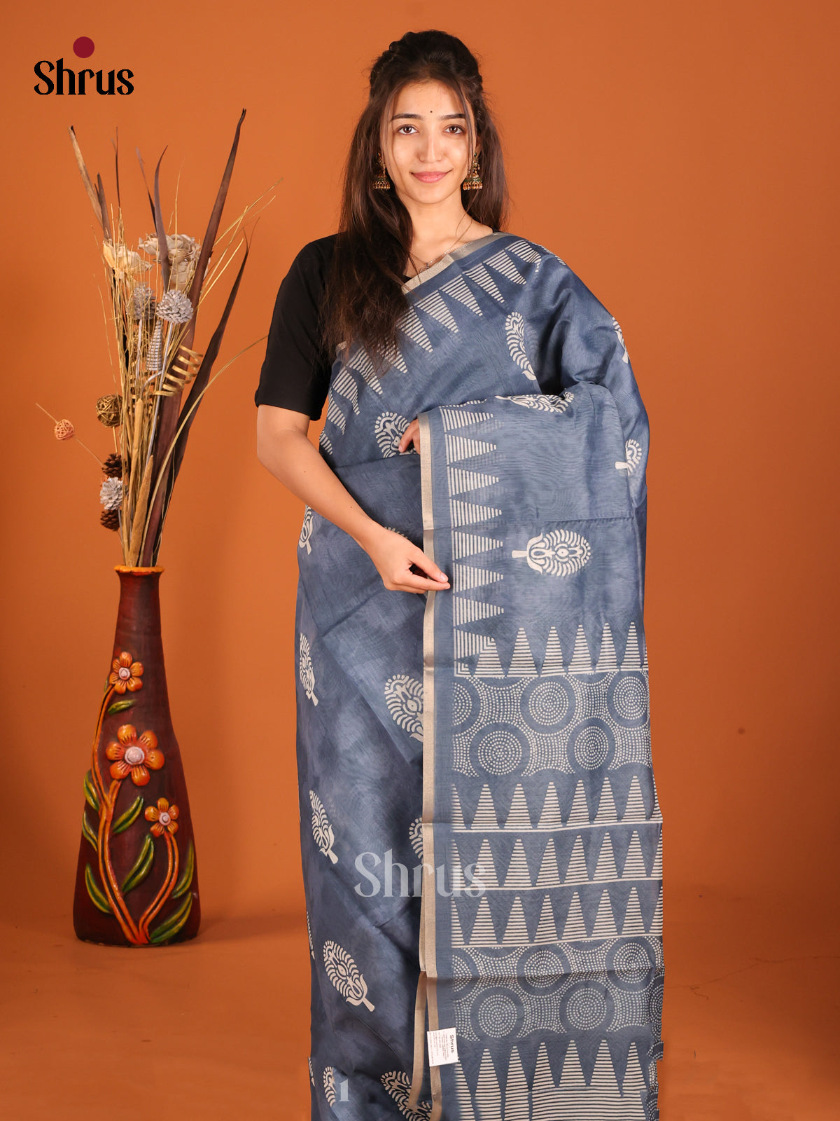 Grey - Semi Chanderi Saree - Shop on Shrus.com