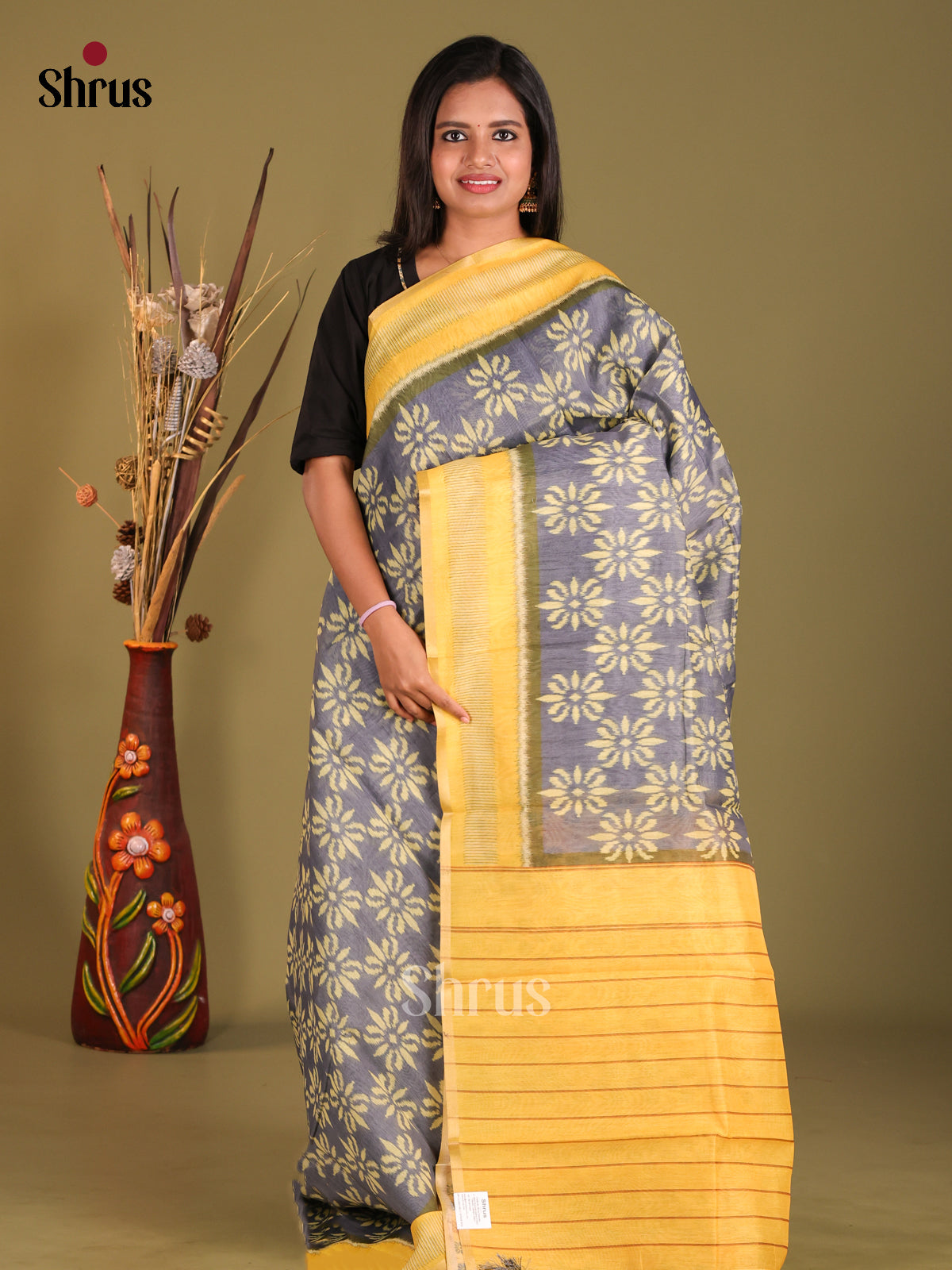 Grey & Yellow - Semi Chanderi Saree - Shop on Shrus.com