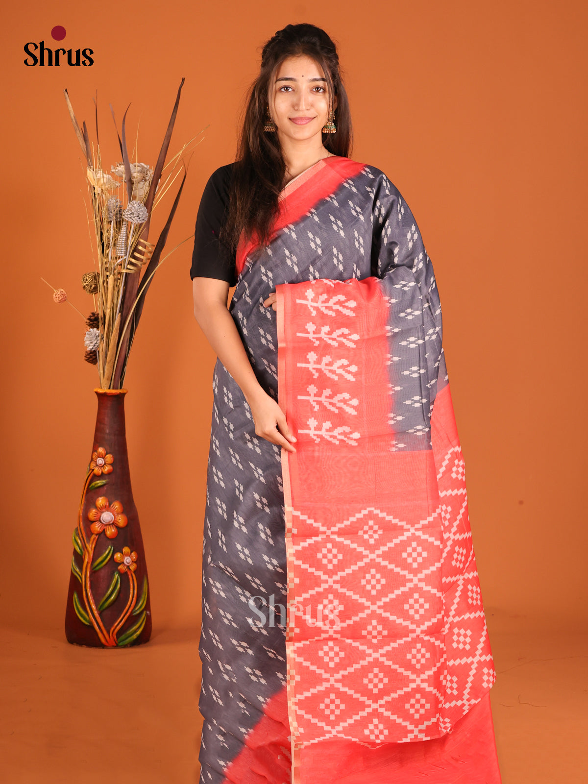 Grey & Red- Semi Chanderi Saree - Shop on Shrus.com