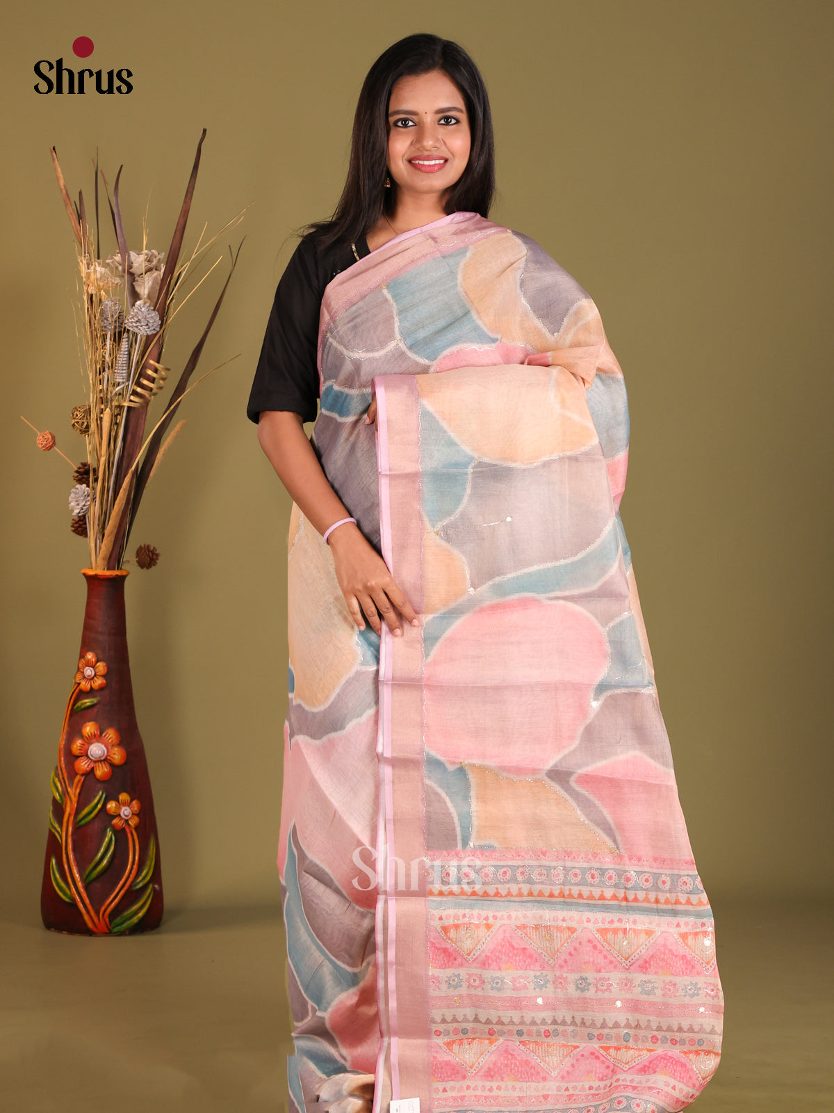 Pink & Blue - Semi Chanderi Saree