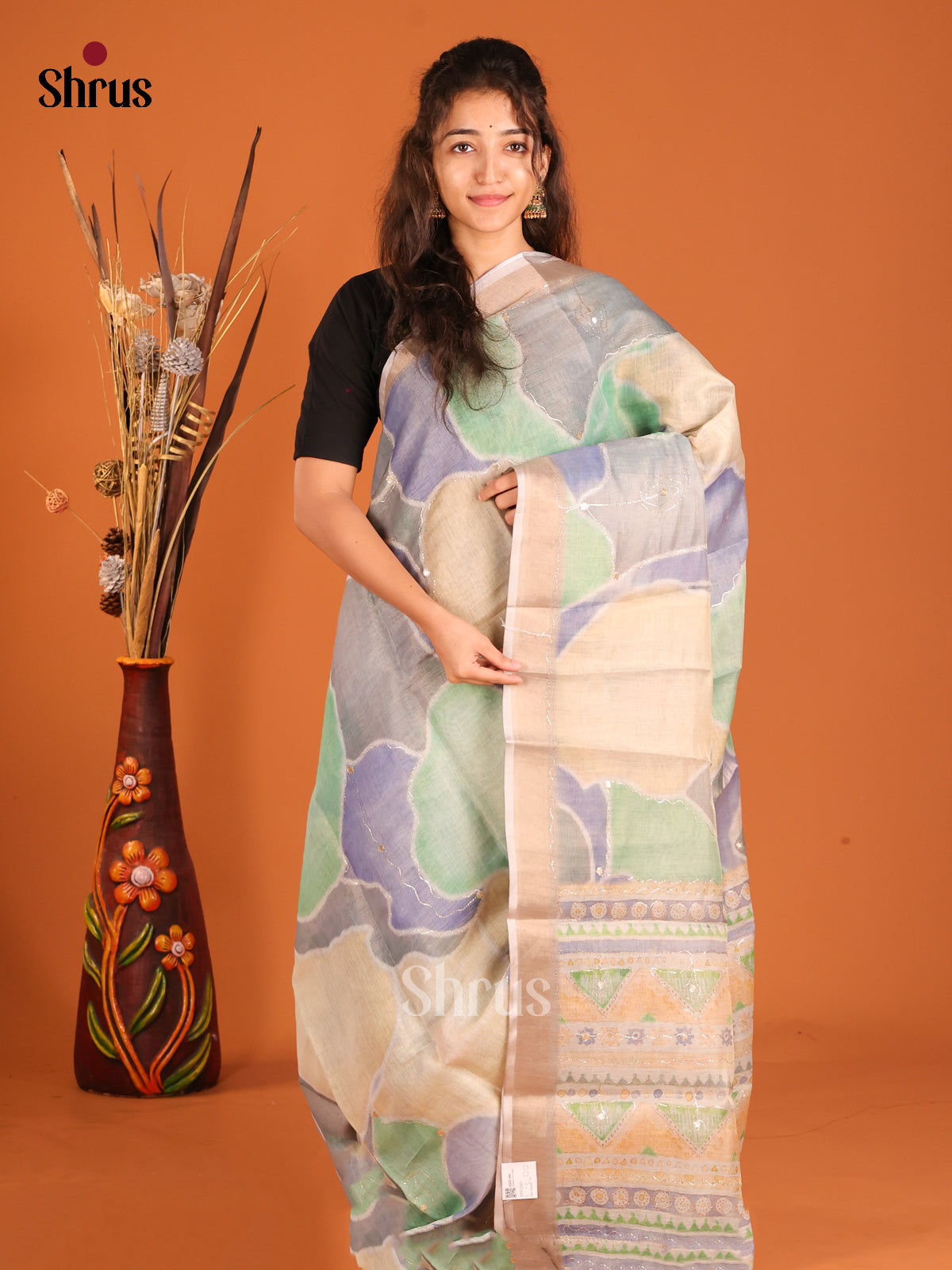 Grey & Green - Semi Chanderi Saree - Shop on Shrus.com