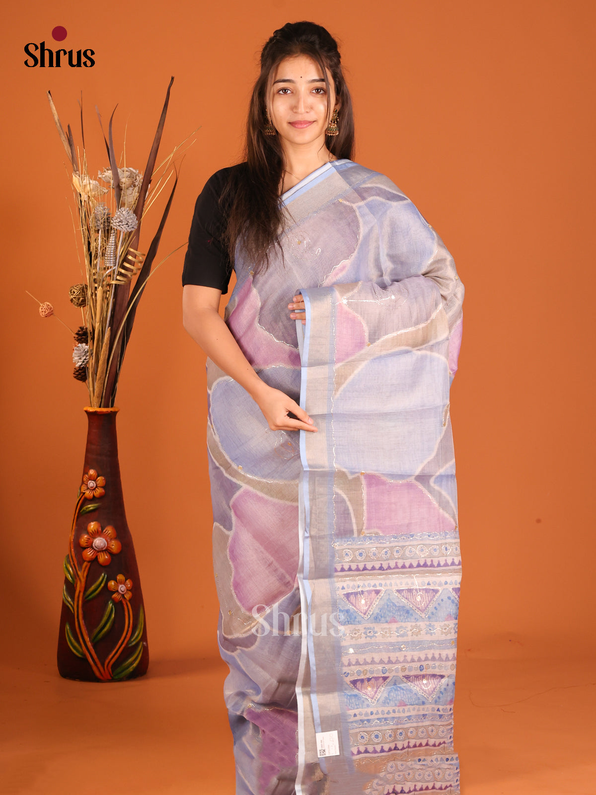 Grey & Blue - Semi Chanderi Saree - Shop on Shrus.com