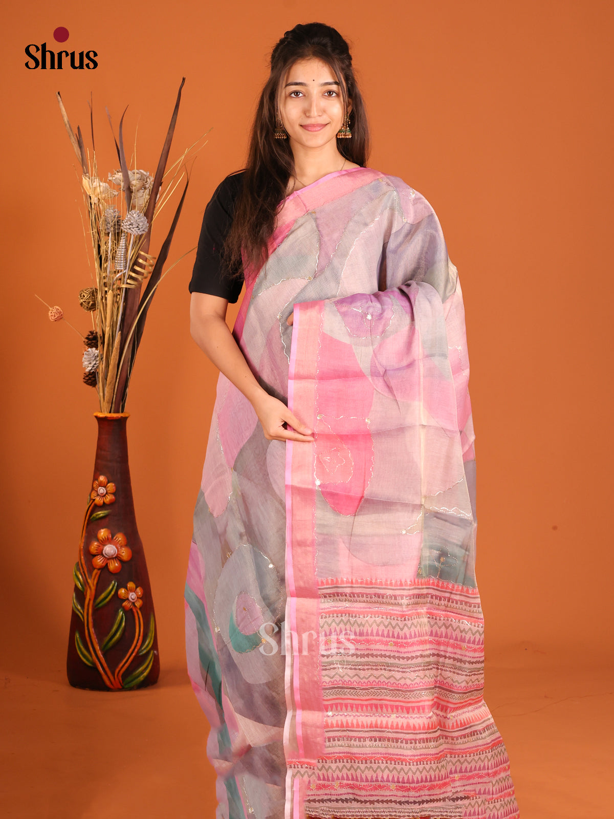 Grey & Pink- Semi Chanderi Saree - Shop on Shrus.com