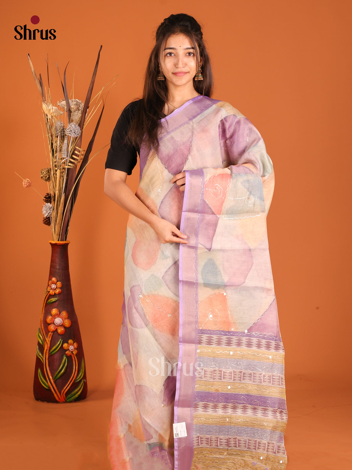 Grey & Lavender- Semi Chanderi Saree - Shop on Shrus.com