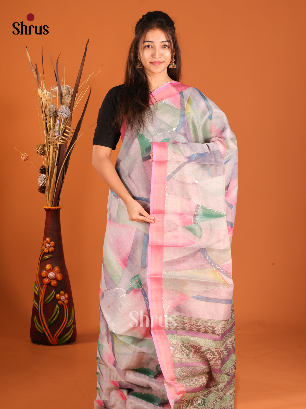 Grey & Pink - Semi Chanderi Saree
