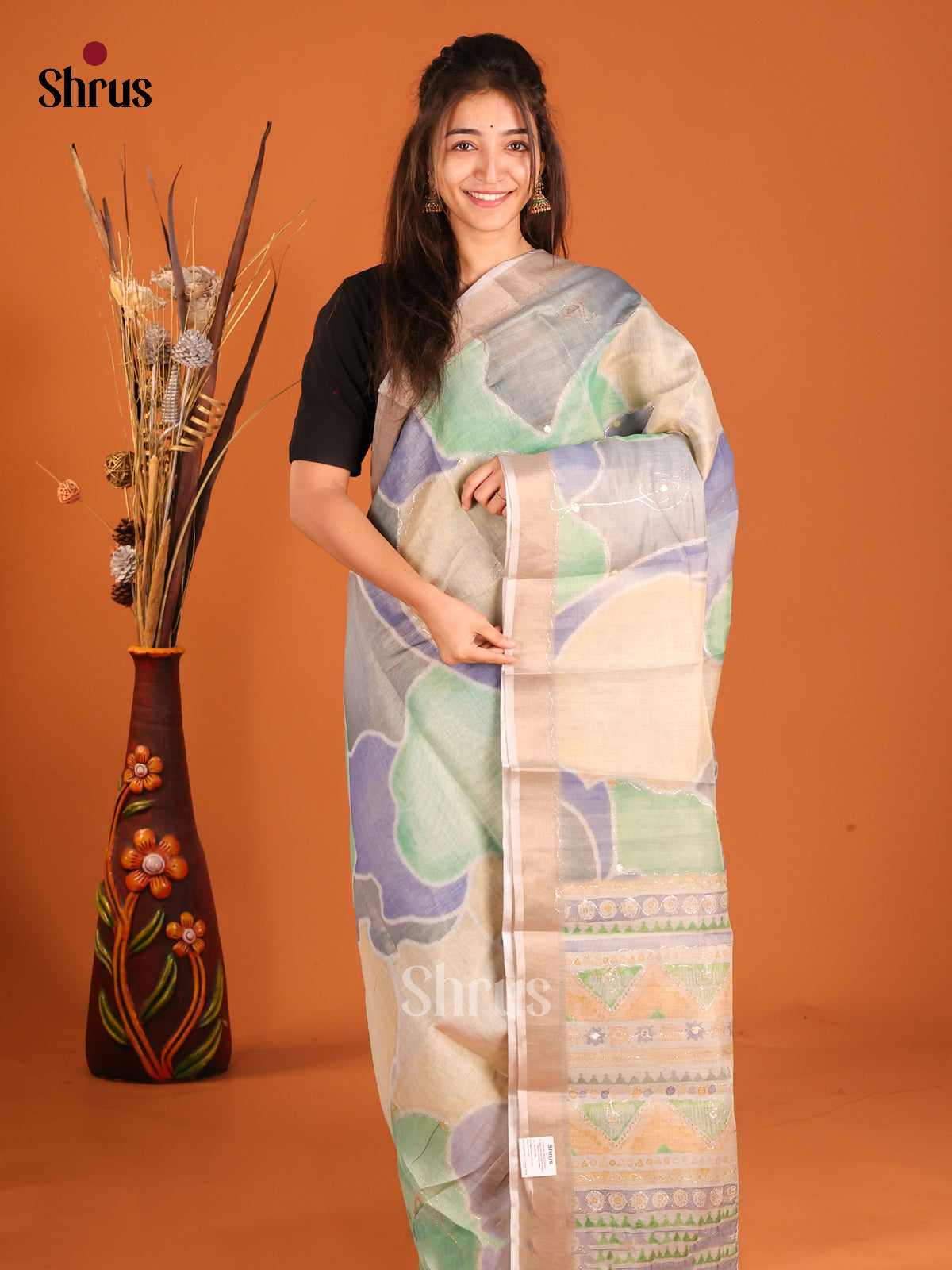 Peach & Blue- Semi Chanderi Saree