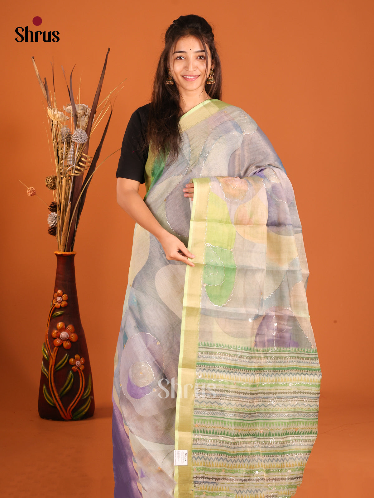 Lavender & Green- Semi Chanderi Saree - Shop on Shrus.com