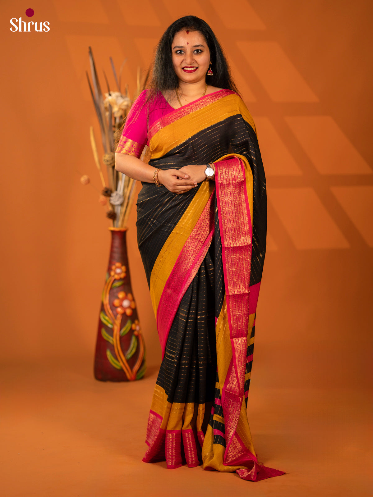 Black & Pink - Semi Mysore silk saree