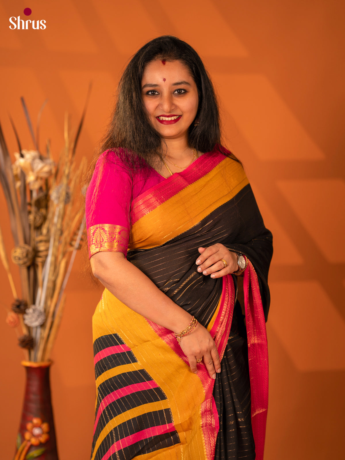 Black & Pink - Semi Mysore silk saree