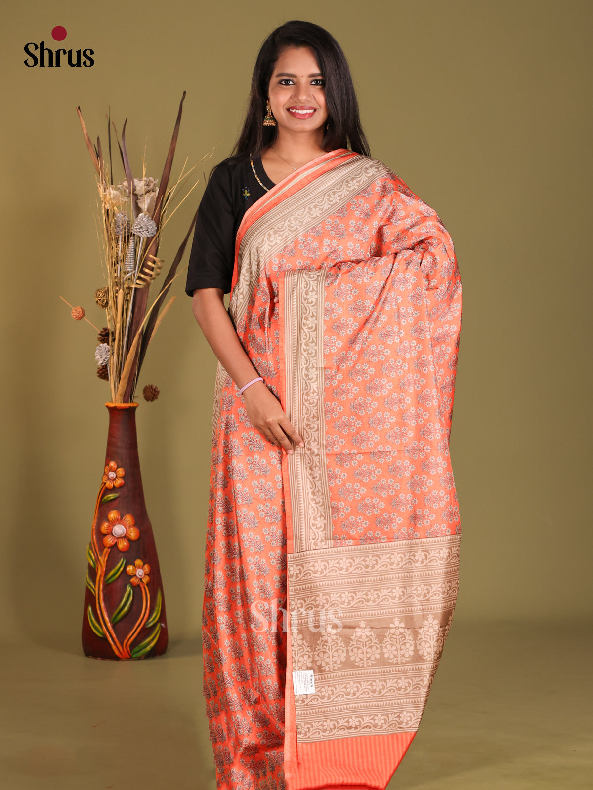 Orange - Semi Tussar Saree - Shop on Shrus.com