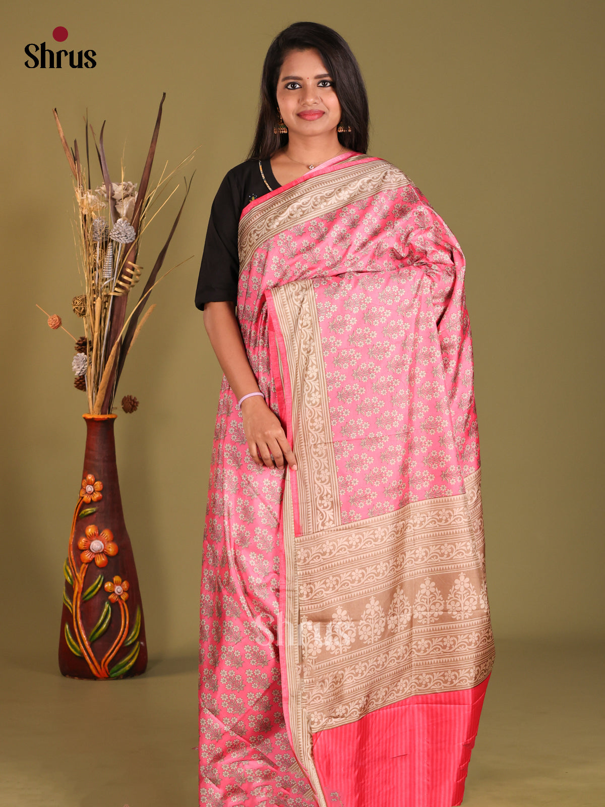 Pink- Semi Tussar Saree - Shop on Shrus.com