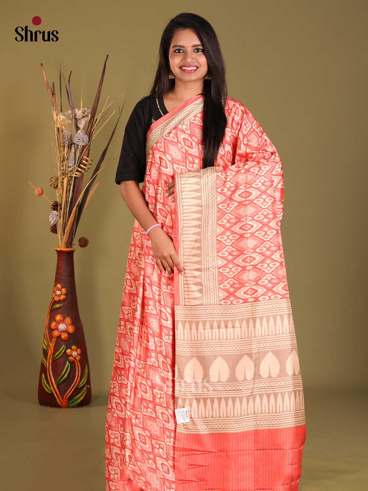 Orangish Pink - Semi Tussar Saree - Shop on Shrus.com