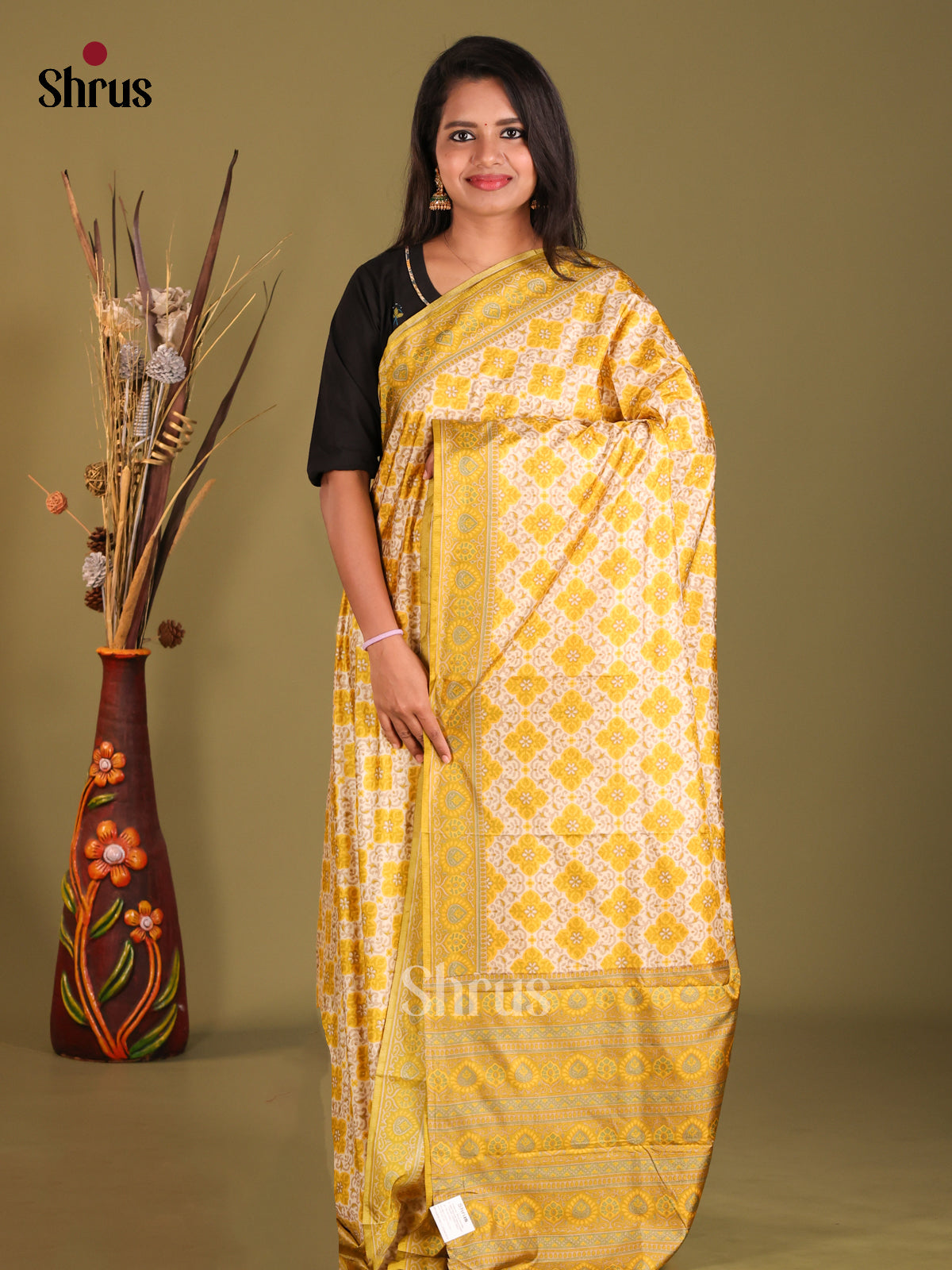 Cream & Mustard- Semi Tussar Saree